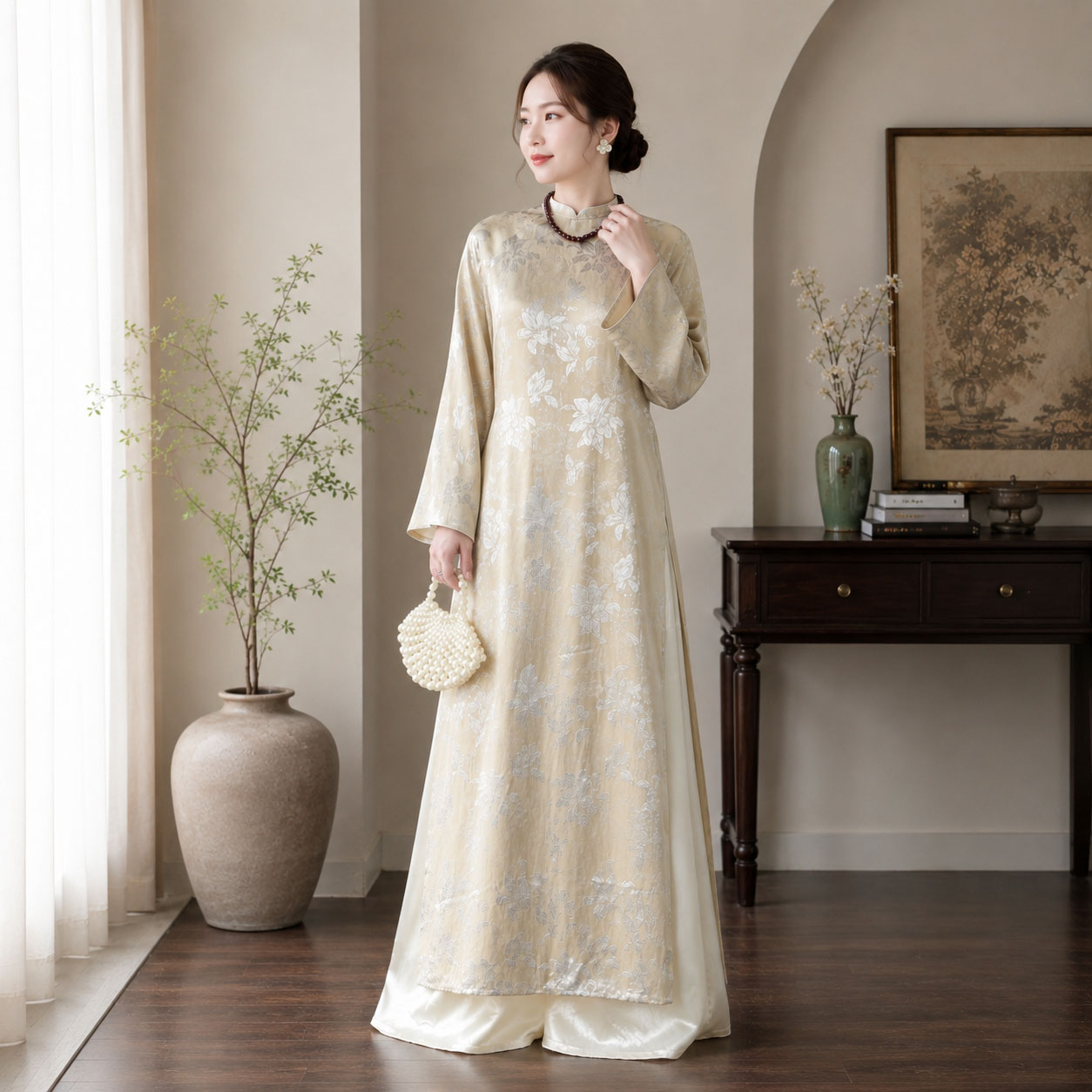 Áo Dài Cách Tân Nữ Dáng Suông Gấm Haiza Họa Tiết 2 Tà CT27-01_thumbnail_8