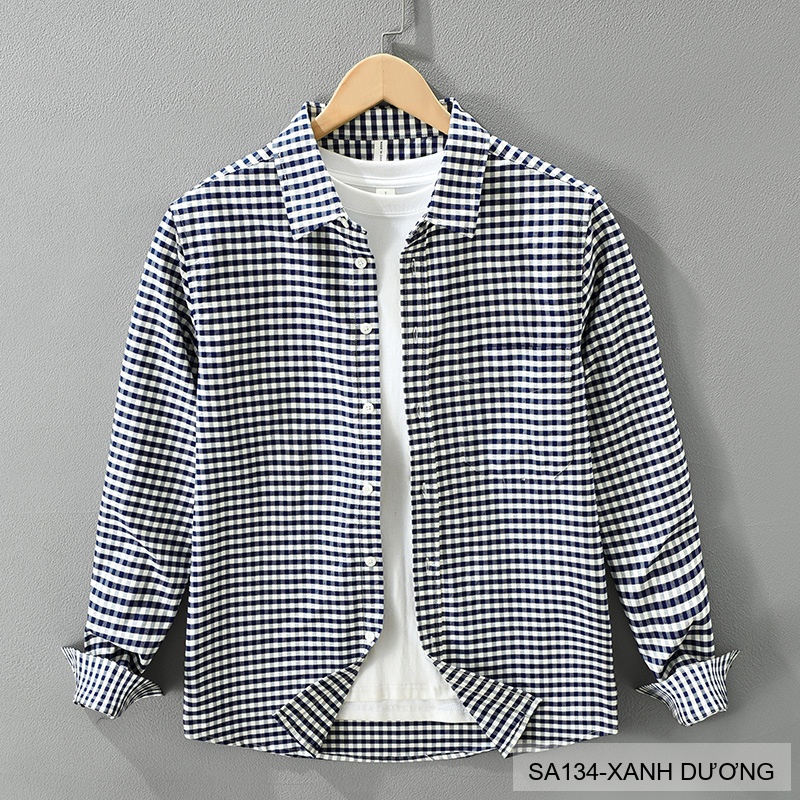 SA134 - Áo Sơ Mi Nam Tay Dài Họa Tiết Caro Phong Cách Retro Chất Cotton 100%_thumbnail_0