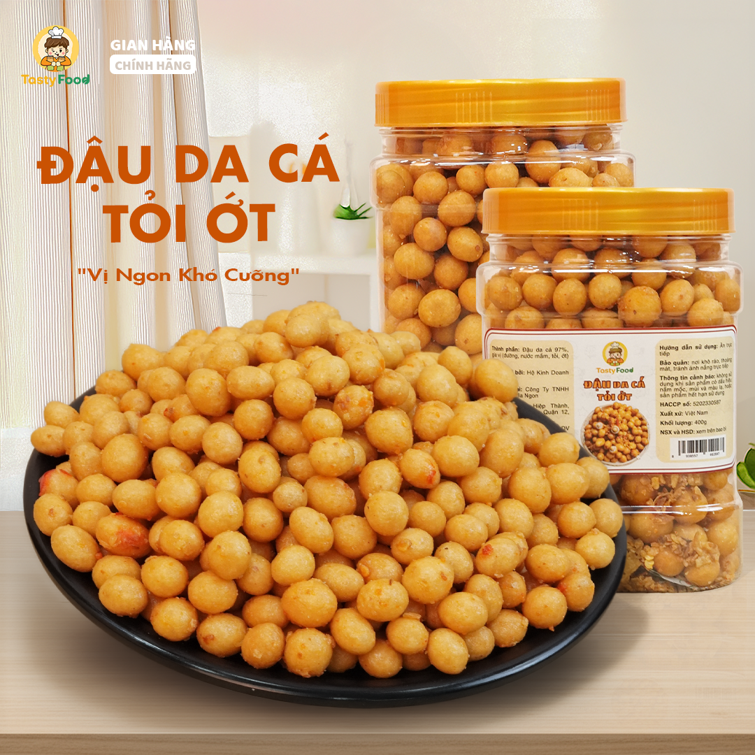 Đậu phộng da cá tỏi ớt Tasty Food - Hũ vuông nhỏ 500g