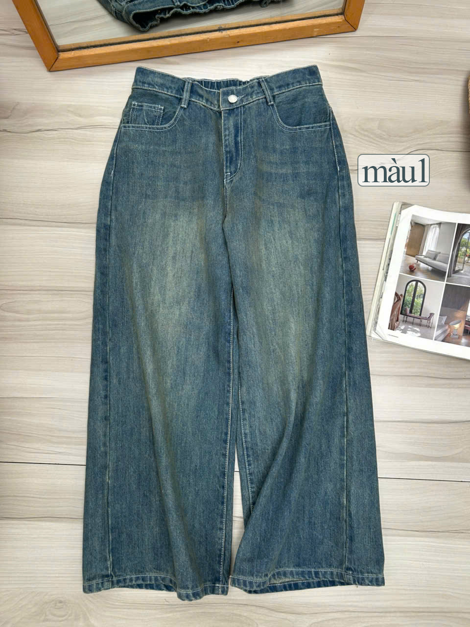 Quần jean suông 9 tấc  màu 1 lưng phối chun