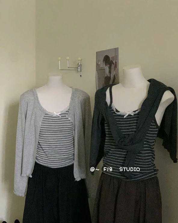 Lucas - Set len áo 2 dây kẻ ngang đính nơ + áo cardigan nhún gấu_thumbnail_1