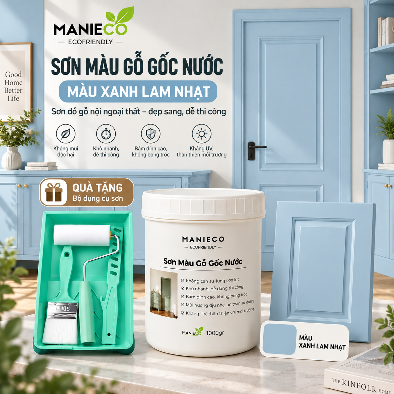 Màu Xanh Lam Nhạt - Sơn Gỗ Gốc Nước Đổi Màu Manieco 1KG - Nội Ngoại Thất, Che Phủ Hoàn Toàn, Không Mùi