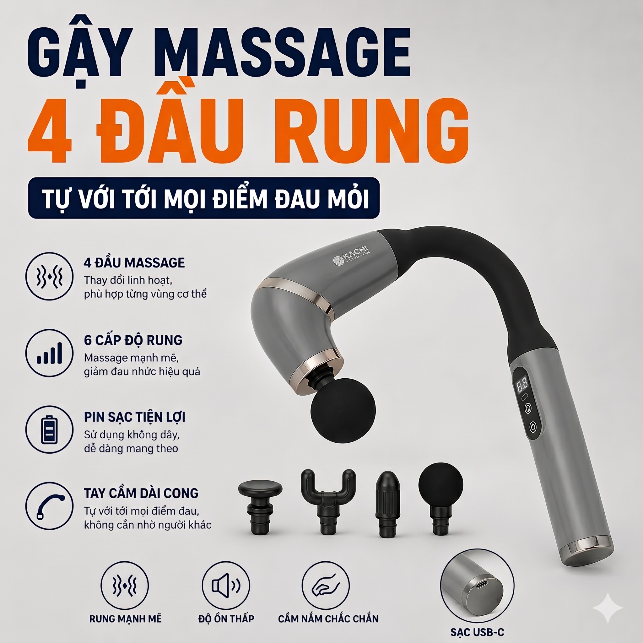 Gậy Massage Kachi MK405 – Súng Massage Cầm Tay Có Tay Nối Dài, Thư Giãn Sâu Từng Nhóm Cơ