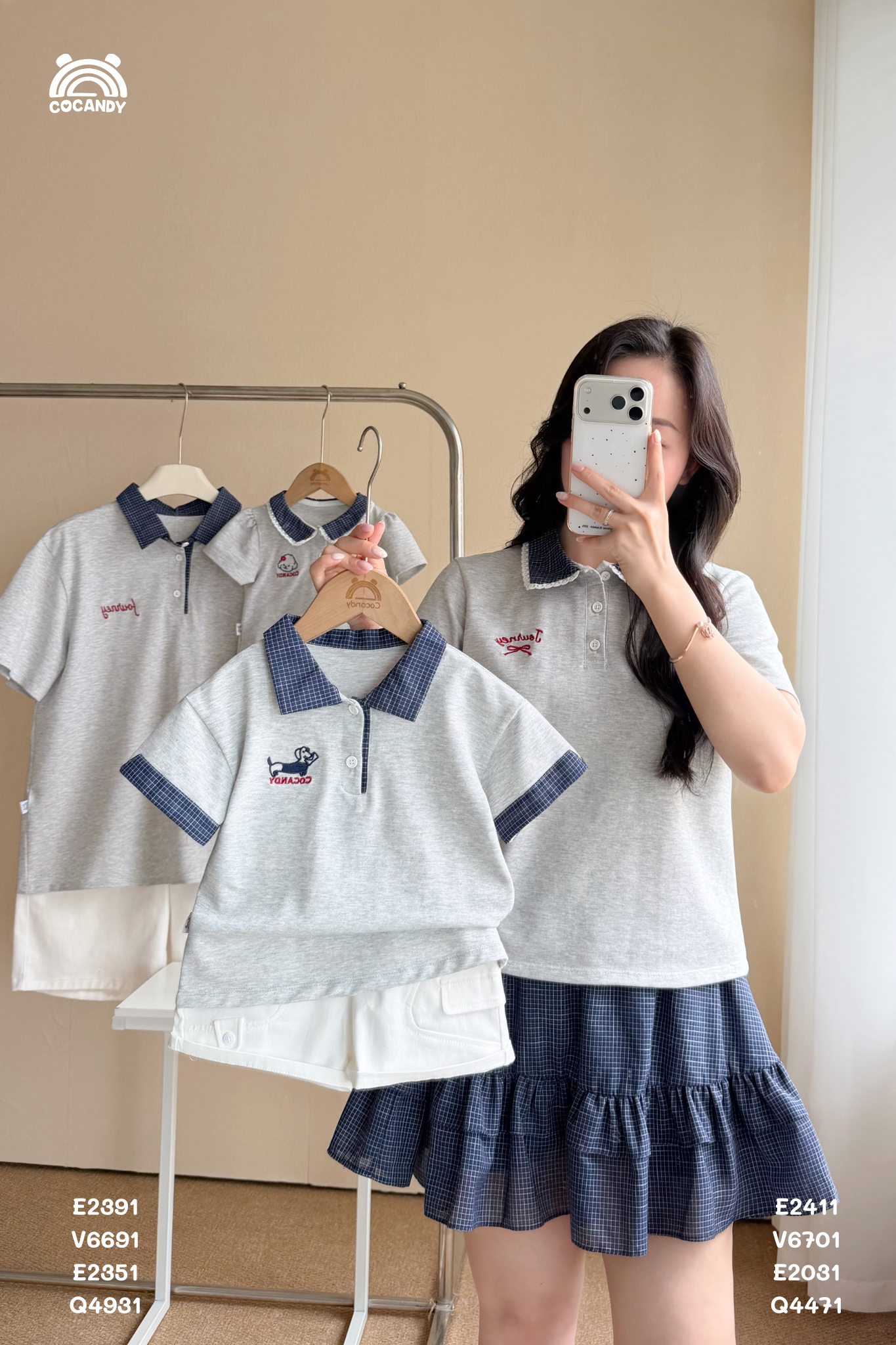 Áo cộc polo XÁM phối cổ caro xanh NỮ_thumbnail_3