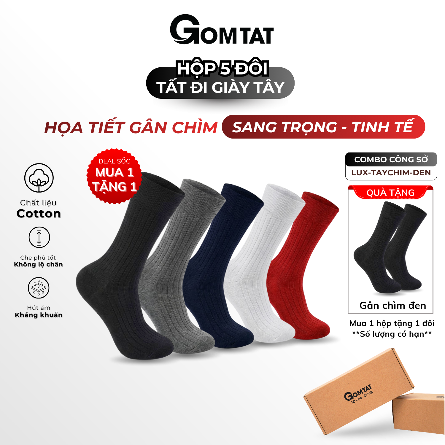 Hộp 5 đôi tất nam đi giày tây cao cổ GOMTAT gân chìm, vớ công sở nam thoáng khí LUX-TAYCHIM_thumbnail_2