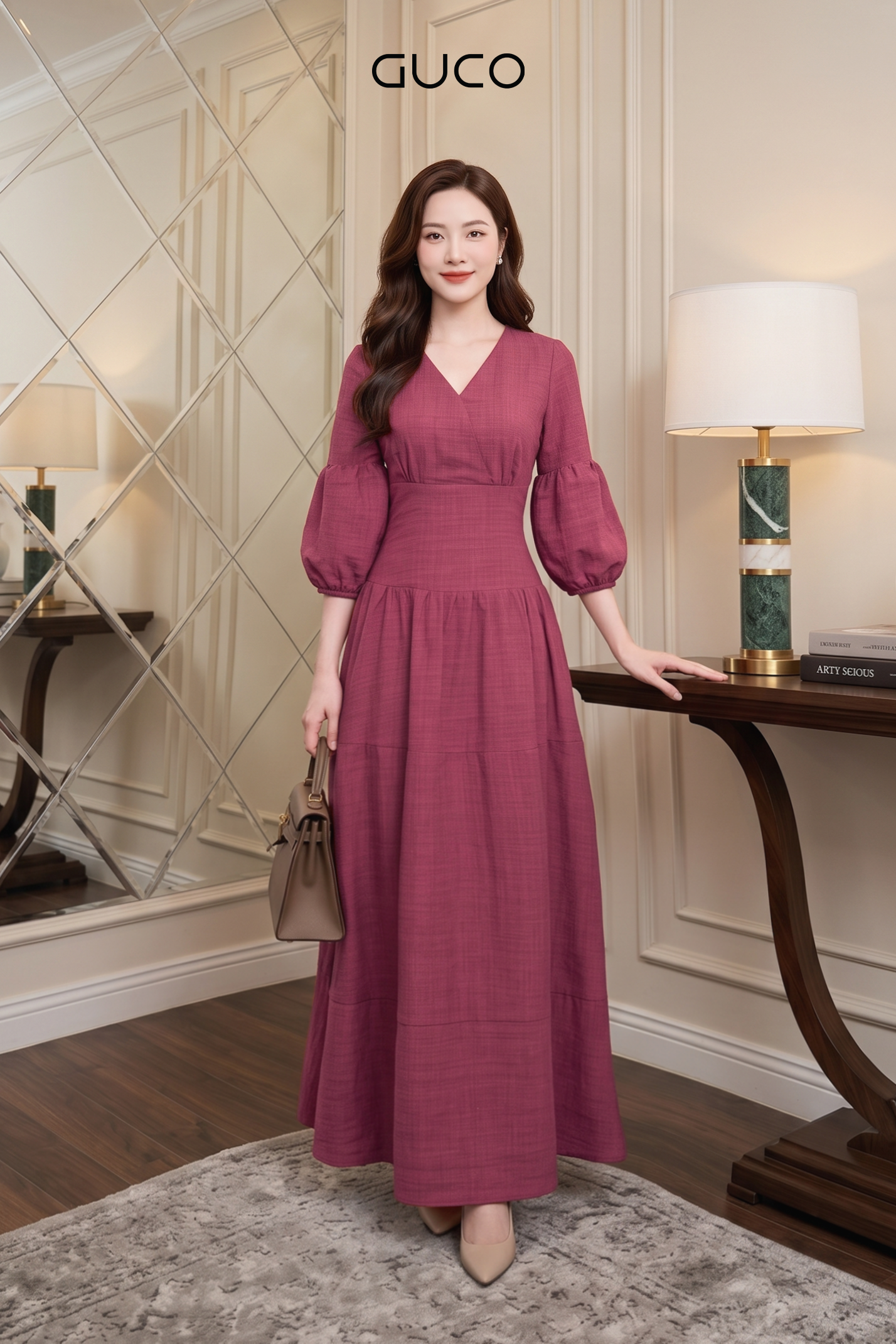 Đầm Midi Hồng Đất Cổ V Tay Dài Phồng Bo Chun