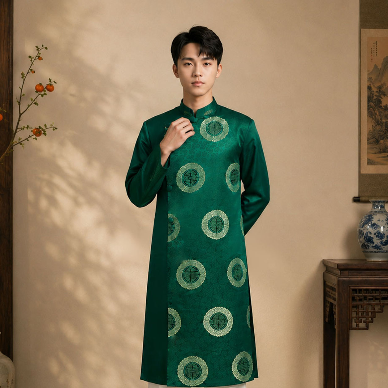 Áo Dài Nam Cách Tân Taffeta Họa Tiết Chữ Thọ Cao Cấp NA26-19_thumbnail_8
