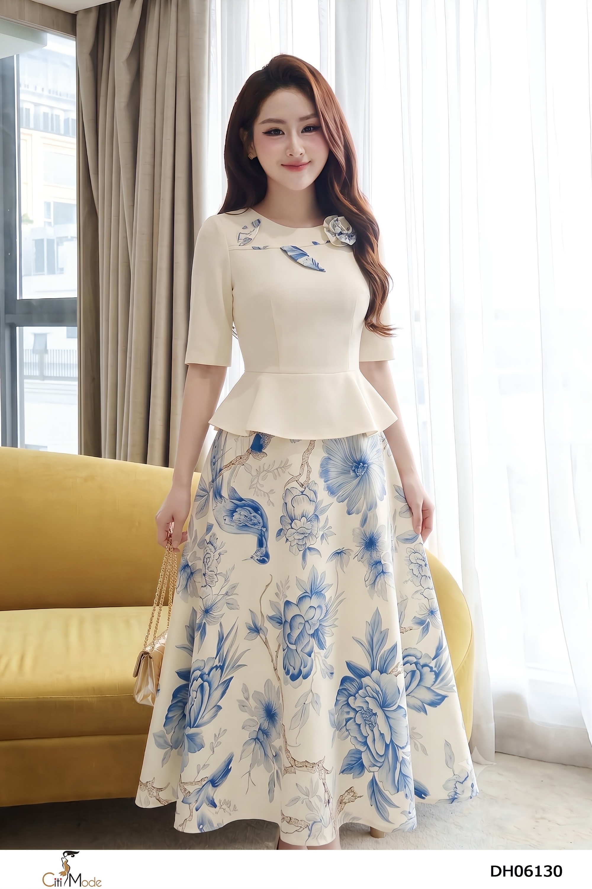 Đầm xòe hoa phối kem cổ tròn, tay lỡ_thumbnail_2