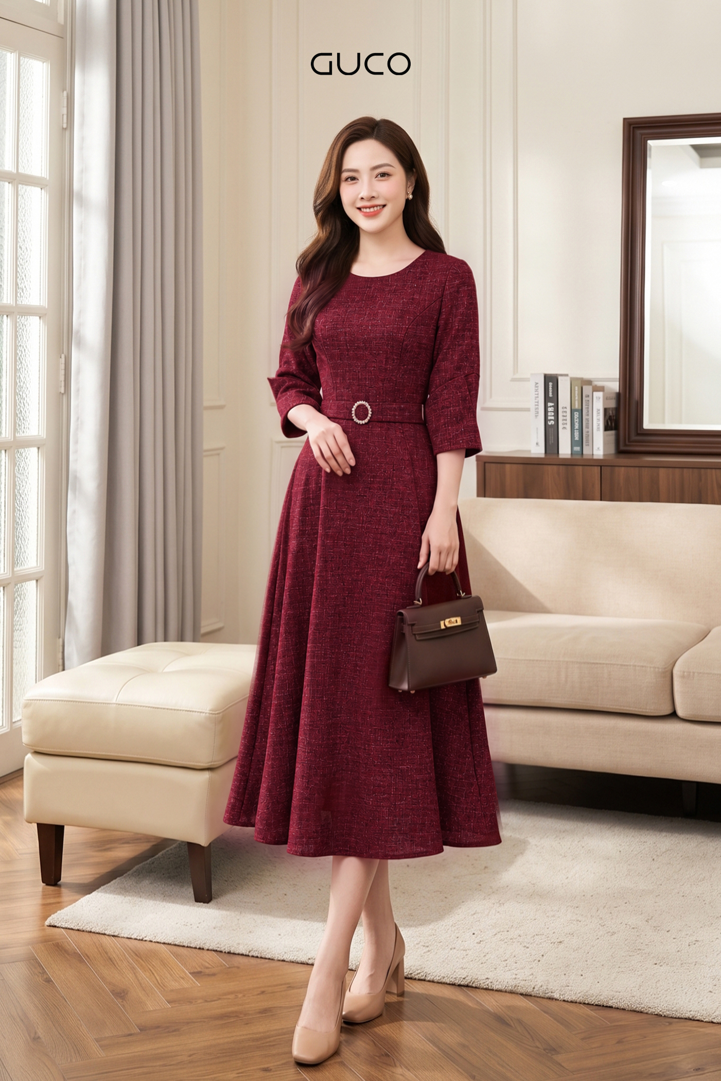 Đầm Xòe Đỏ Tay Lỡ Thắt Đai Eo - 5288