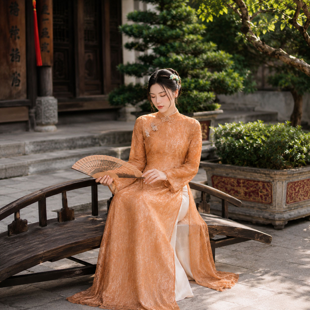Áo Dài Cách Tân Nữ Dáng Suông Vải Ren 4 Tà Tay Dài CT27-02_thumbnail_2