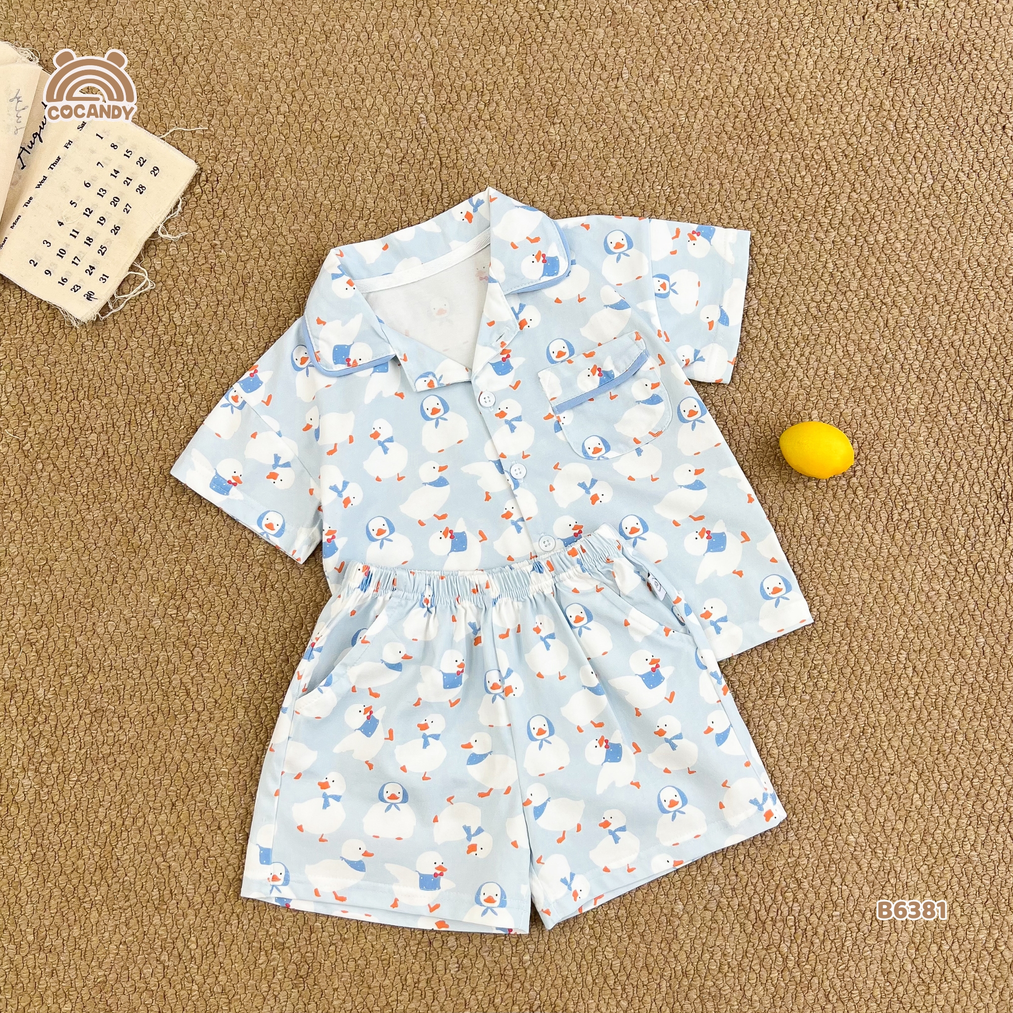 Bộ cộc pijama XANH họa tiết vịt quàng khăn