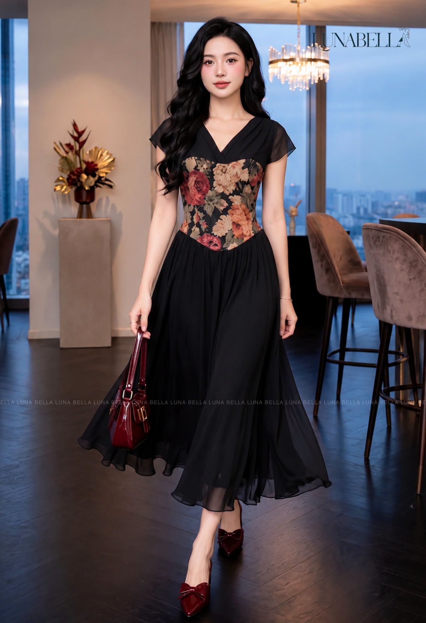 Váy voan dài mix hoa tiết hoa SONYA màu ĐEN