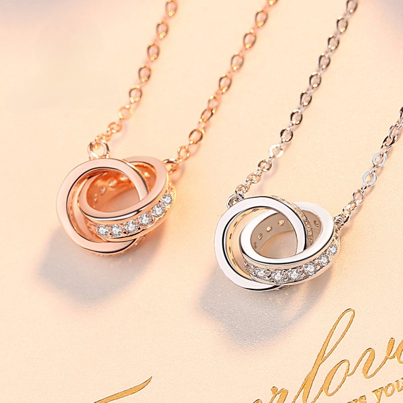 Dây Chuyền Bạc S925 Mẫu Vòng Tròn Đôi Đính Đá Zircon Tinh Xảo HTT037T Trắng - Vàng hồng_thumbnail_3