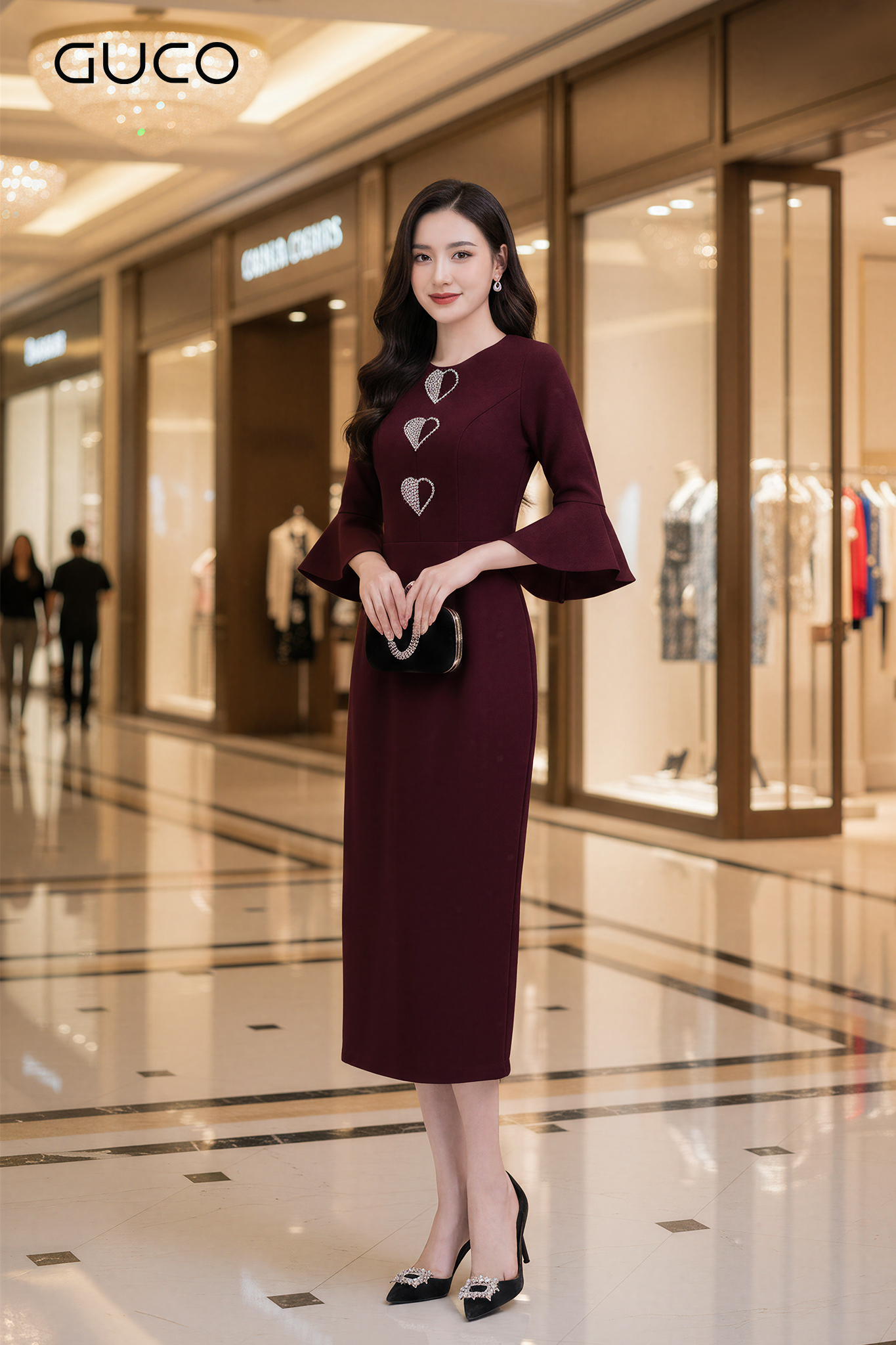 GUCO Đầm Body Đỏ Đô Đính Đá Trái Tim