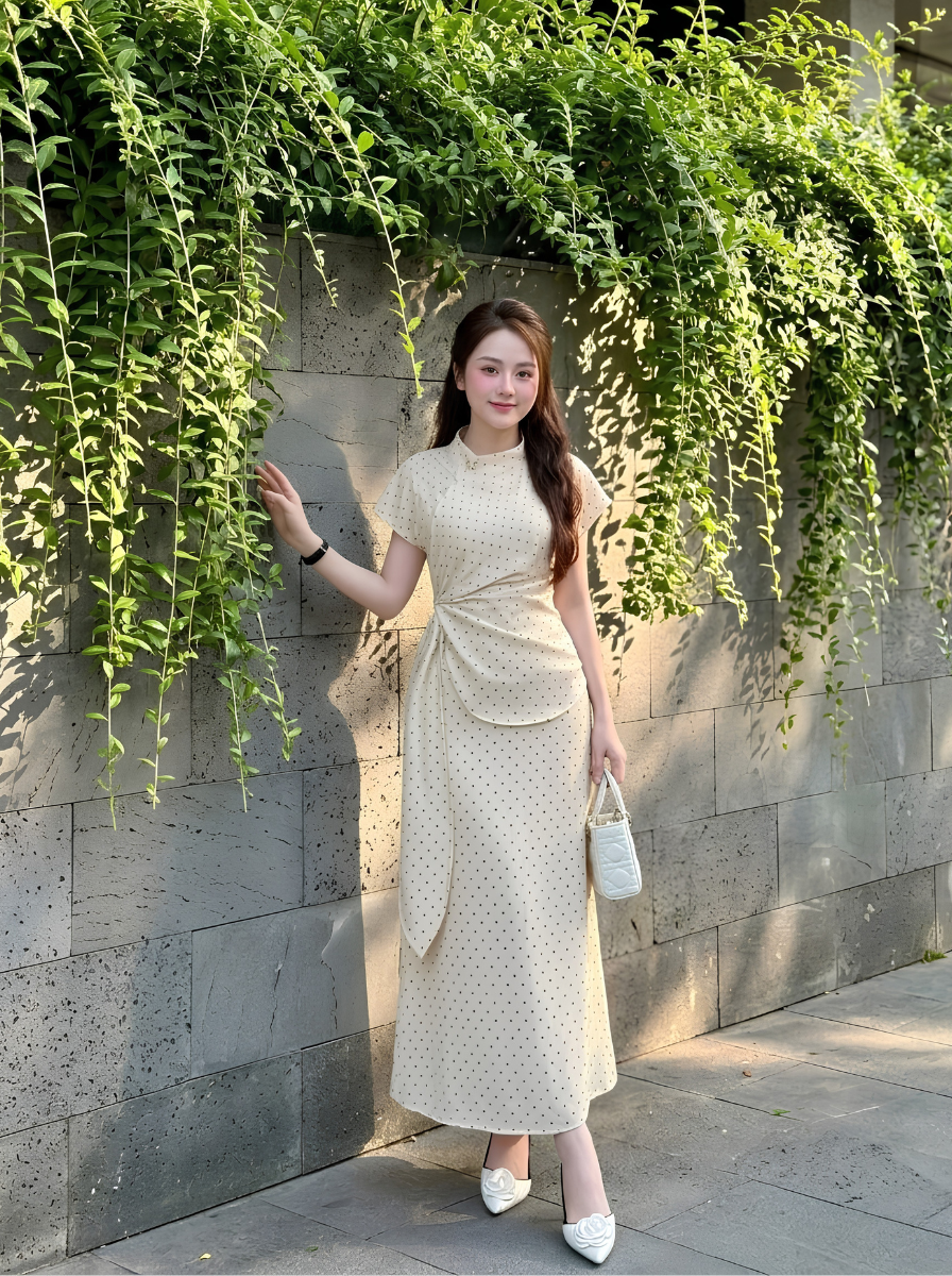 G44 - Đầm Thiết Kế Lụa Chấm Bi Kèm Tag Cài_thumbnail_7