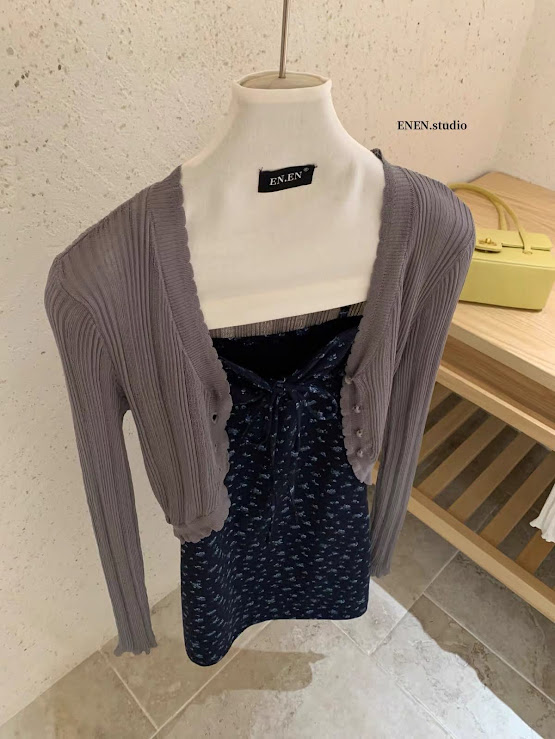 Lucas - Set váy hai dây dáng ngắn buộc nơ ngực + áo khoác cardigan len ENEN_thumbnail_3