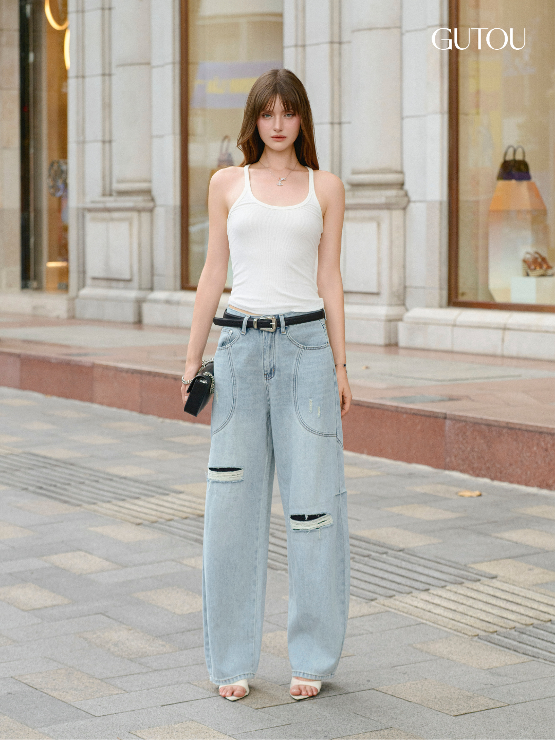 [ GUTOU ] Quần Jean Baggy Wash Sáng Rách Gối Thêu Túi Sau