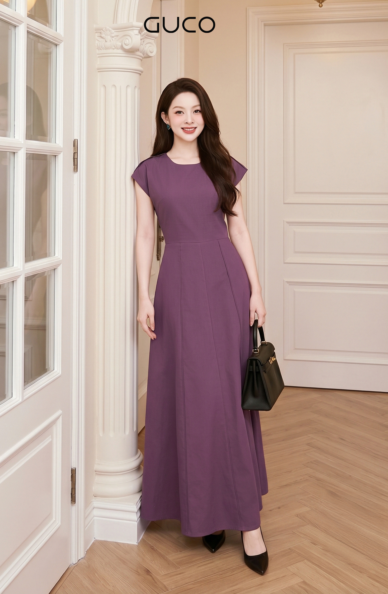 Đầm Maxi Tím Chiết Eo Xếp Ly Tay Cánh Tiên