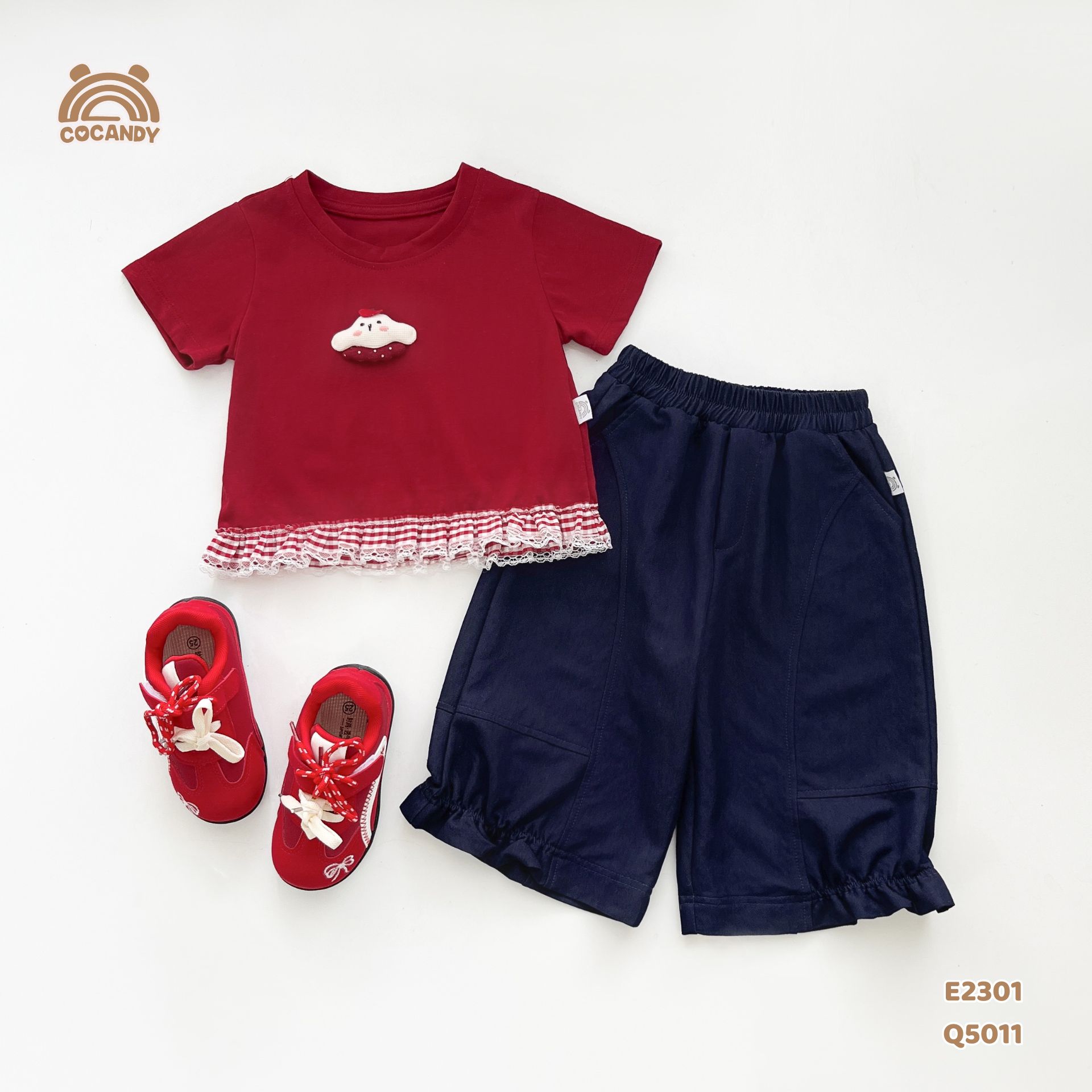Áo cộc cotton ĐỎ thêu cún nhún bèo caro_thumbnail_0