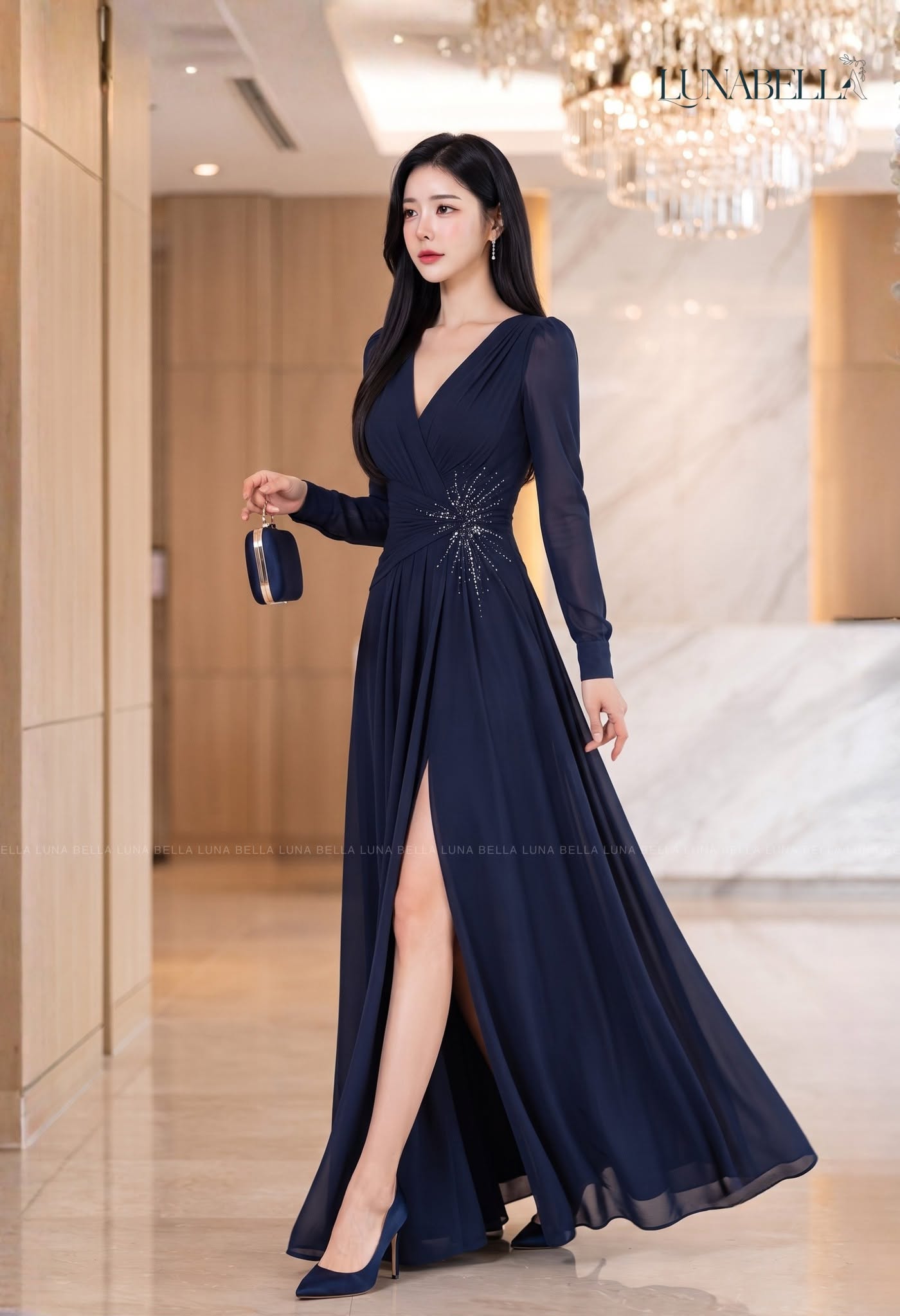 Váy dài cổ v đính đá eo AZELIA màu XANH NAVY_thumbnail_2