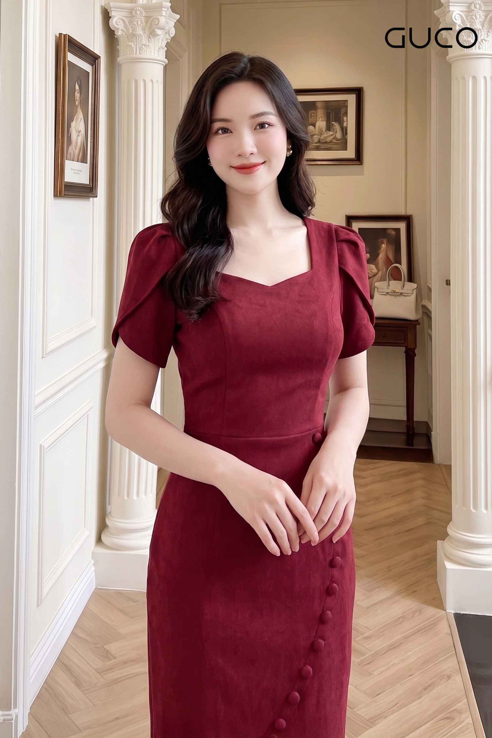 Đầm Body Đỏ Cổ Vuông Tay Đắp Nút Bọc Chéo_thumbnail_2