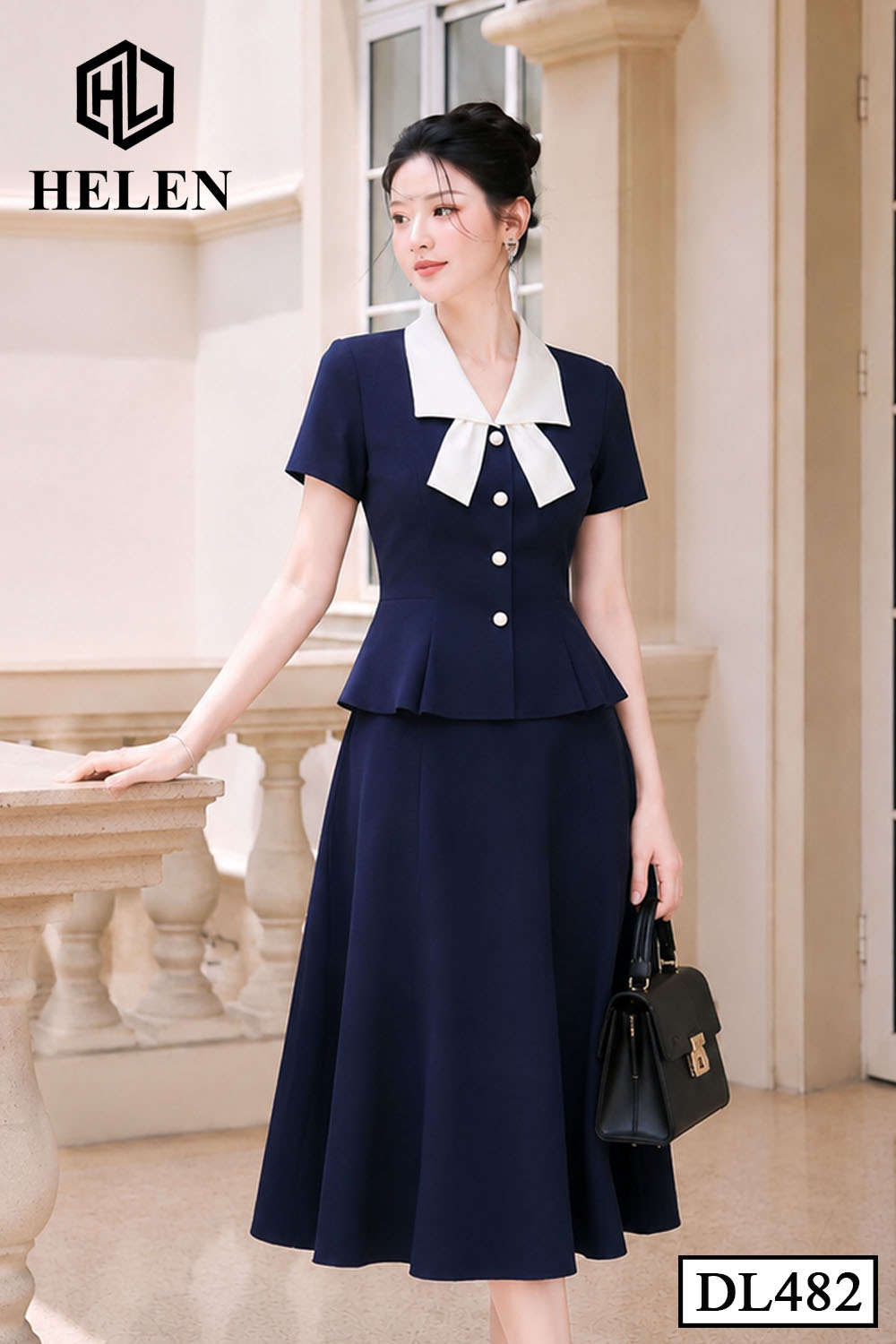 Đầm xòe peplum xanh than phối cổ trắng_thumbnail_2
