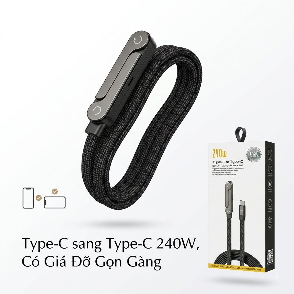 Cáp Sạc Nhanh C to C 60W dây dù, Kiêm Giá Đỡ Điện Thoại Gấp Gọn_thumbnail_2