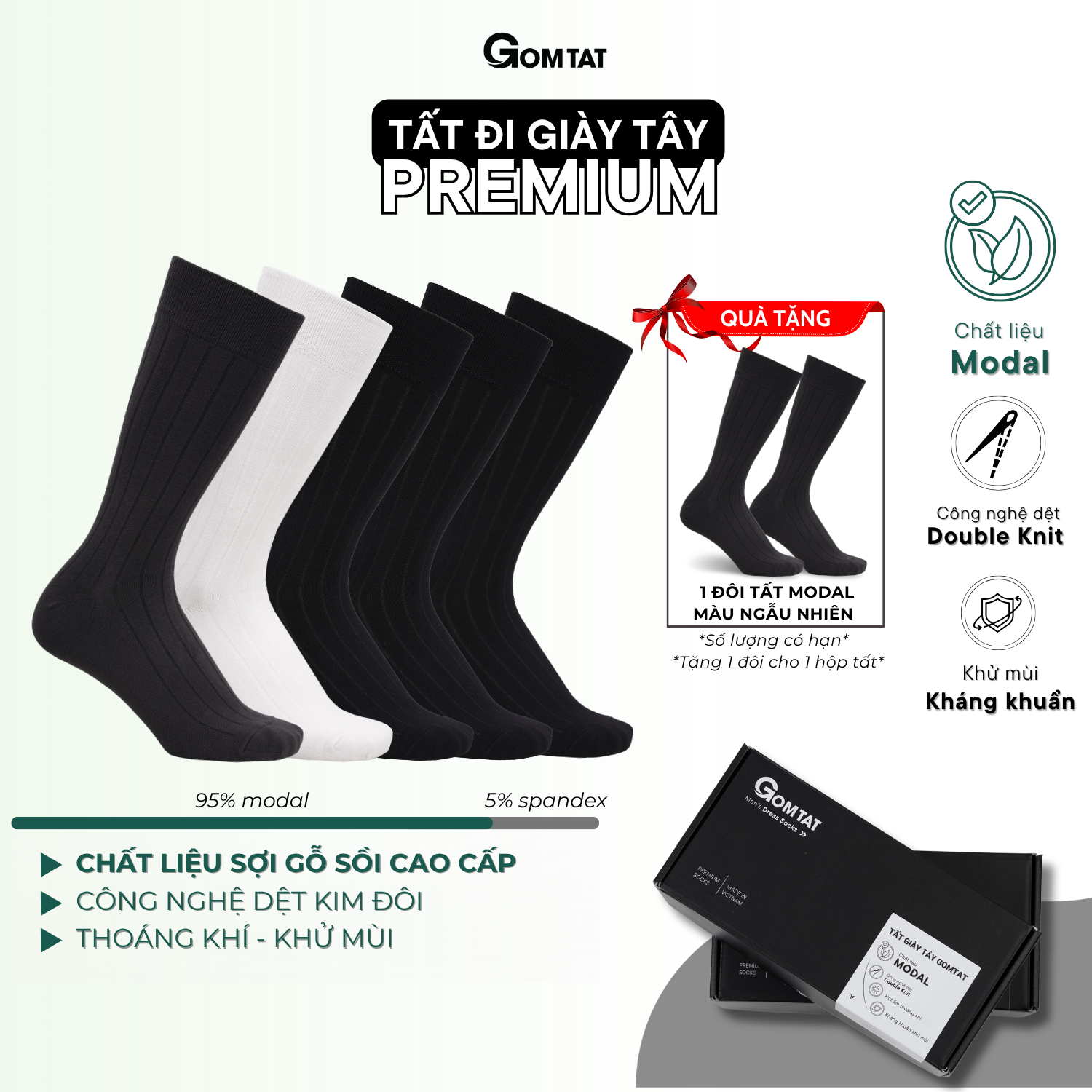 [MODAL PREMIUM] Hộp 5 đôi tất nam đi giày tây GOMTAT, chất liệu sợi Modal gỗ sồi cao cấp kháng khuẩn - STA-5012