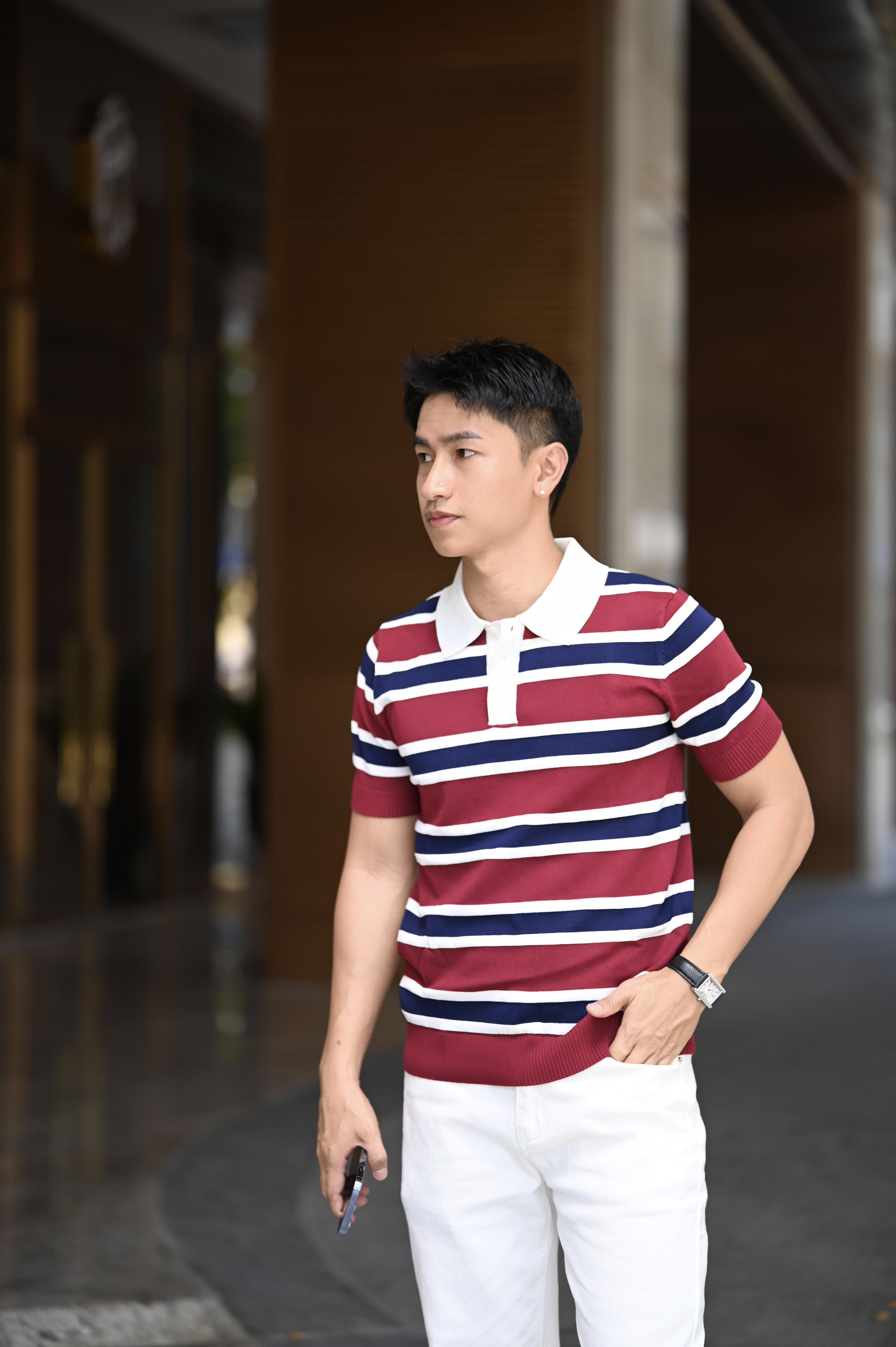 PB6 - Áo Polo Nam Tay Ngắn Sọc Đỏ Trắng Xanh, Dáng Ôm Vừa, Phong Cách Anh Quốc Thời Trang