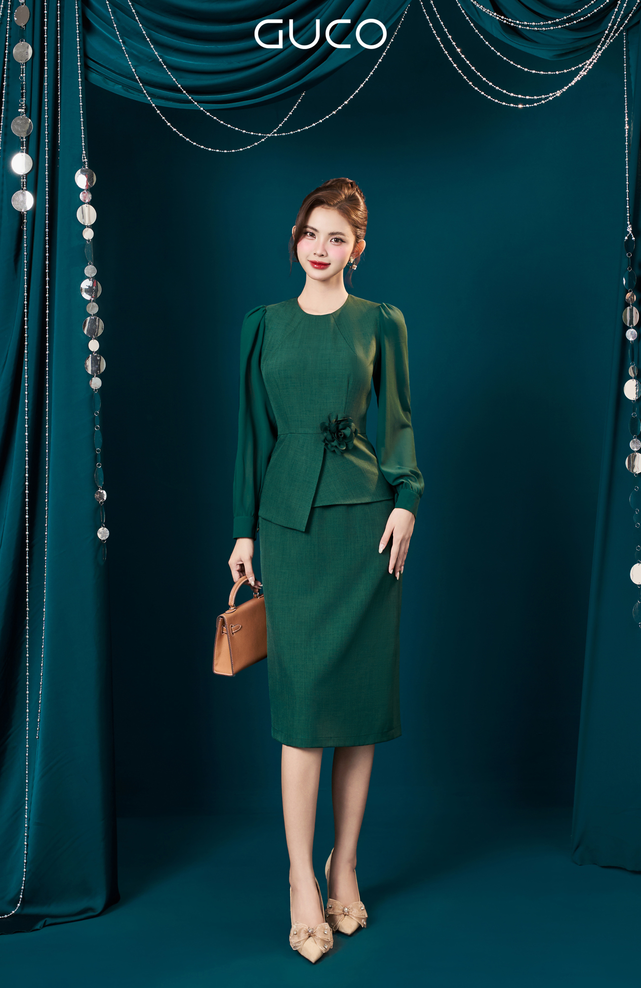 ĐẦM PEPLUM CỔ TRÒN TAY DÀI PHỐI VOAN - XANH LÁ_thumbnail_3