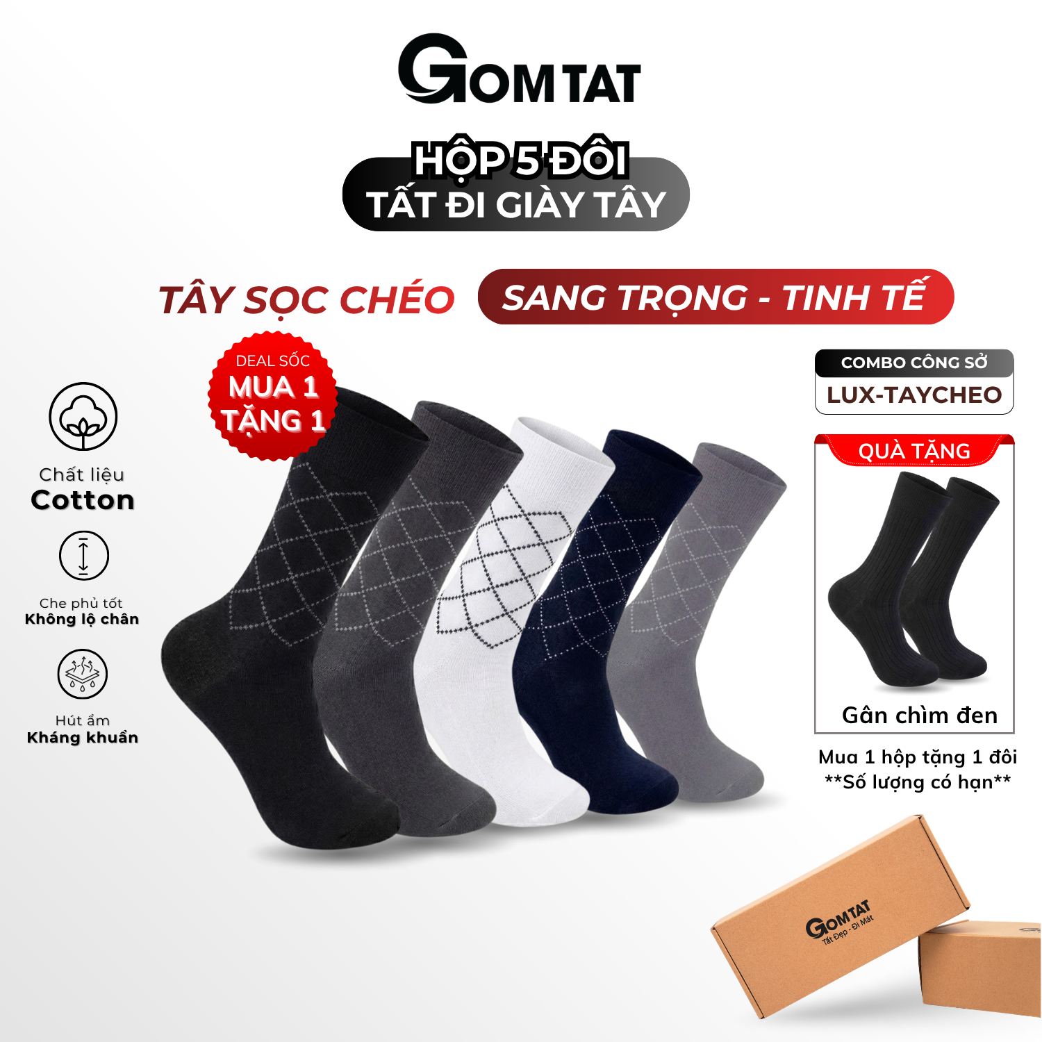 Hộp 5 đôi tất giày tây nam cổ cao GOMTAT hoạ tiết sọc chéo, chất liệu cotton cao cấp thoáng mát  LUX-TAYCHEO-CB5