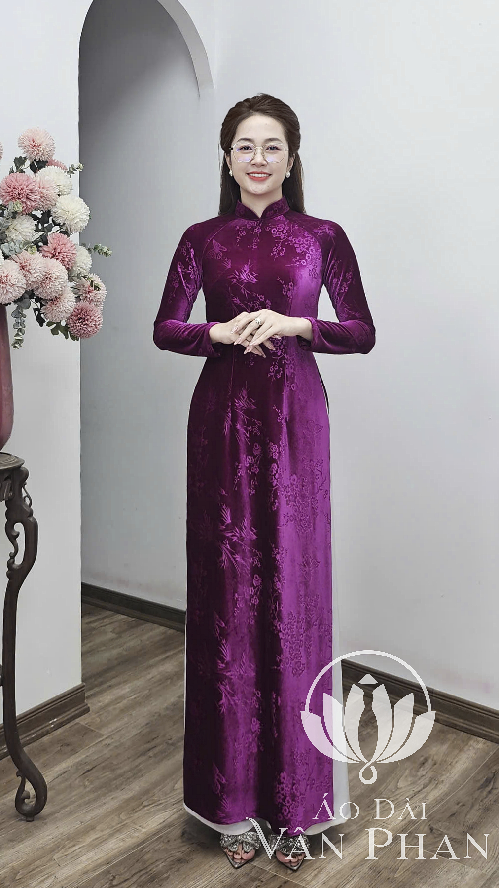 Nhung 92CC áo dài cổ 3p tay dài nhung tím Cẩm lá trúc_thumbnail_2