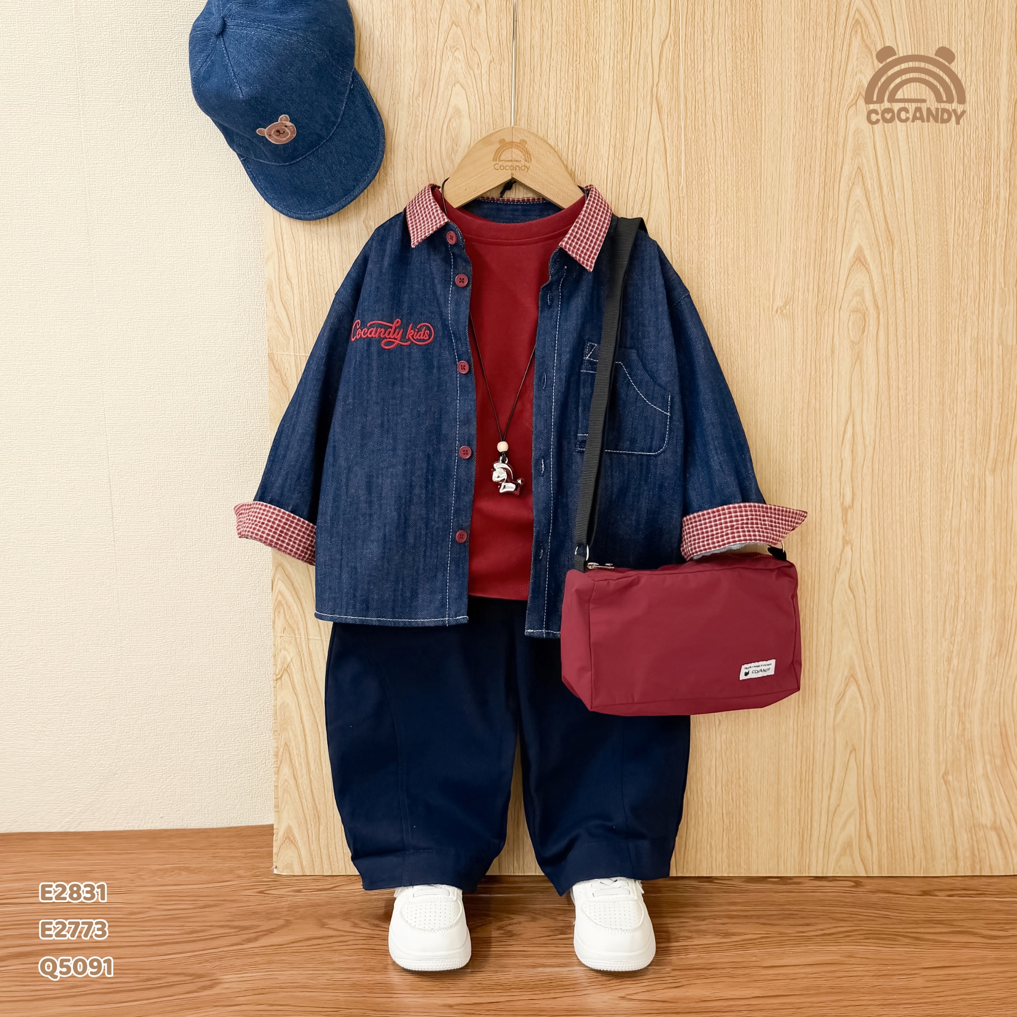 Áo dài sơ mi XANH jeans phối caro đỏ