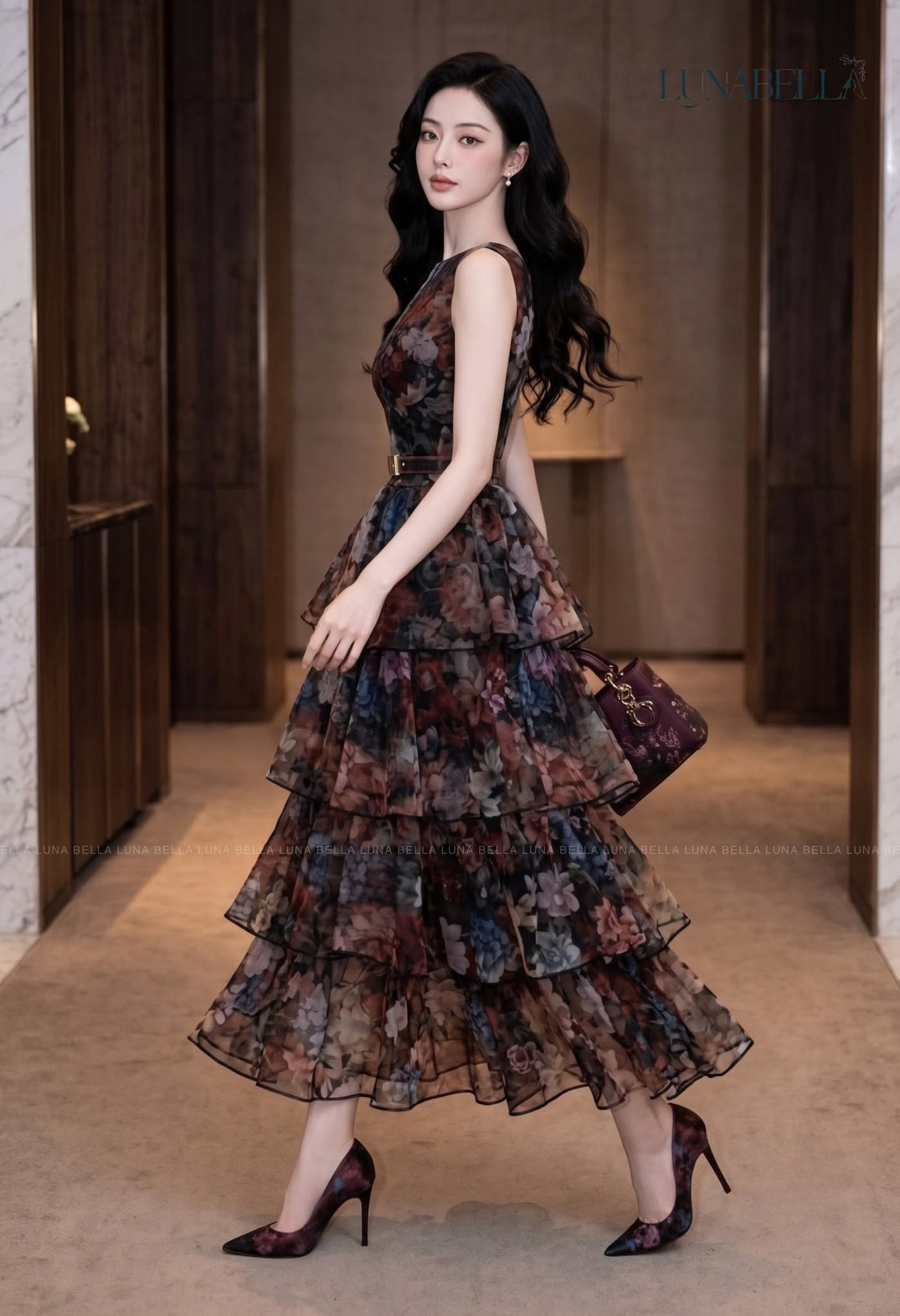 Váy dài xoè tầng RACHEL in hoa màu ĐEN_thumbnail_1