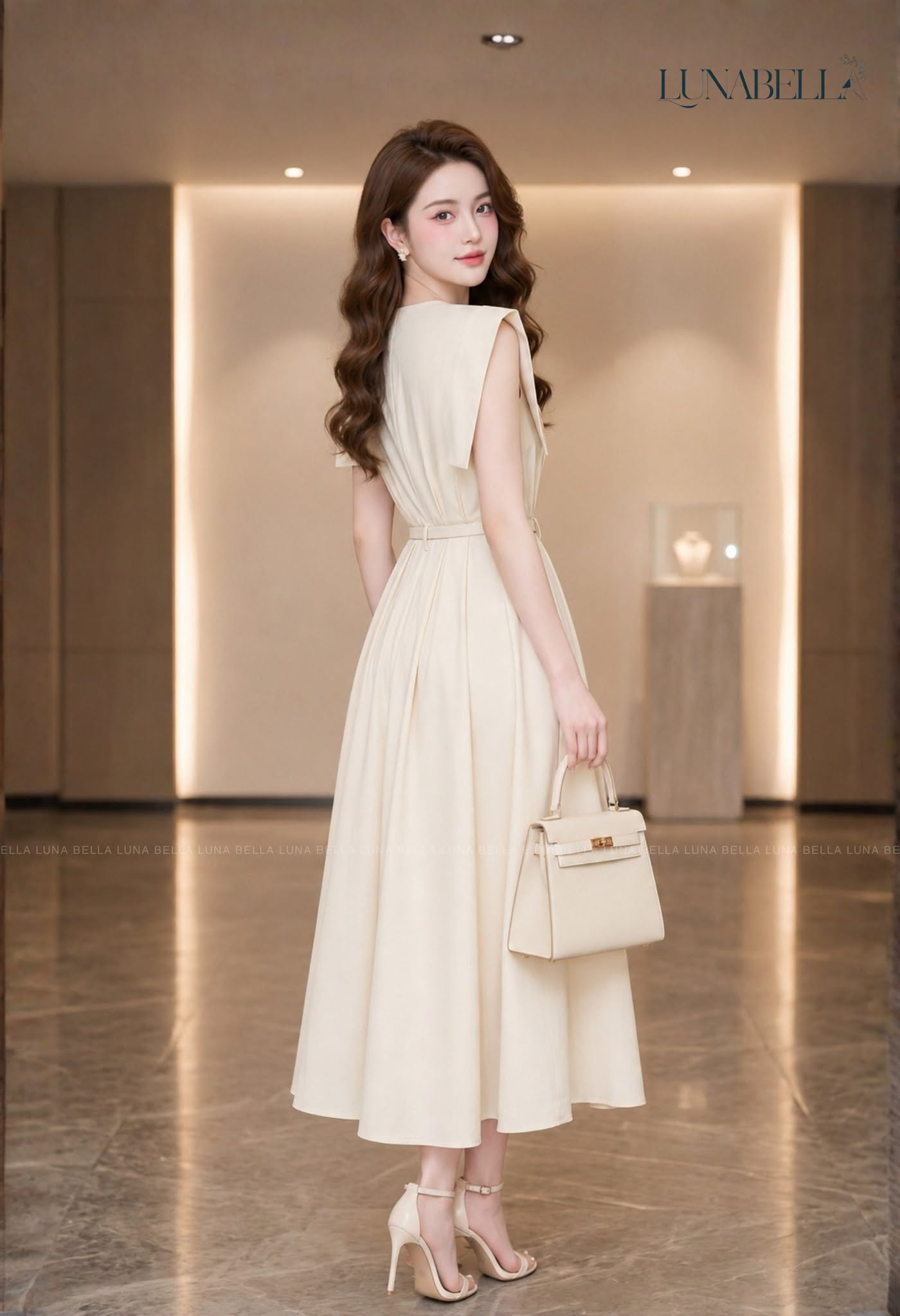 Váy midi xoè cổ V thêu hoa ANITA màu KEM_thumbnail_2