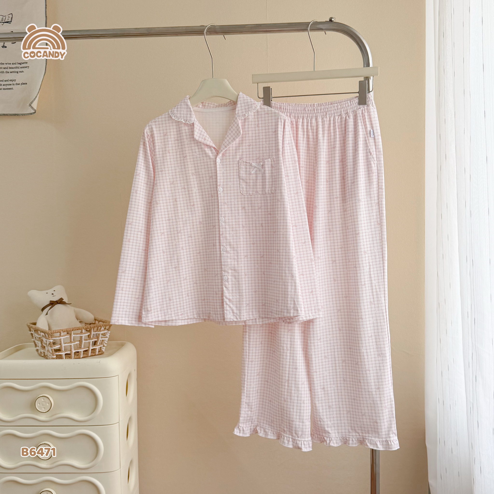 Bộ dài pijama HỒNG caro hoa nơ NỮ_thumbnail_4