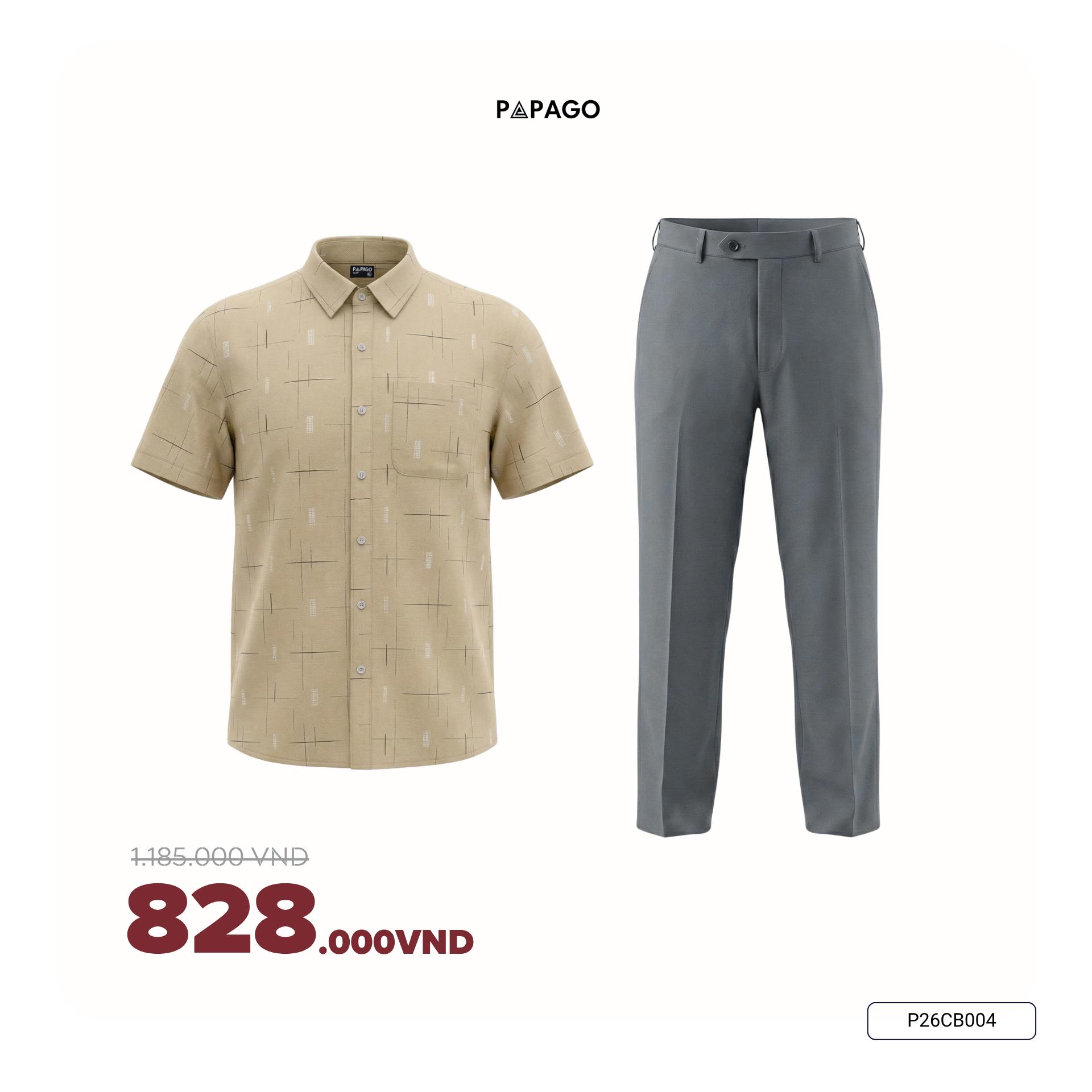 [Tặng Áo] Combo Áo Sơ Mi Nam Tay Ngắn Vải Xô Đũi & Quần Âu Vải Poly Trung Niên PAPAGO - P26CB004