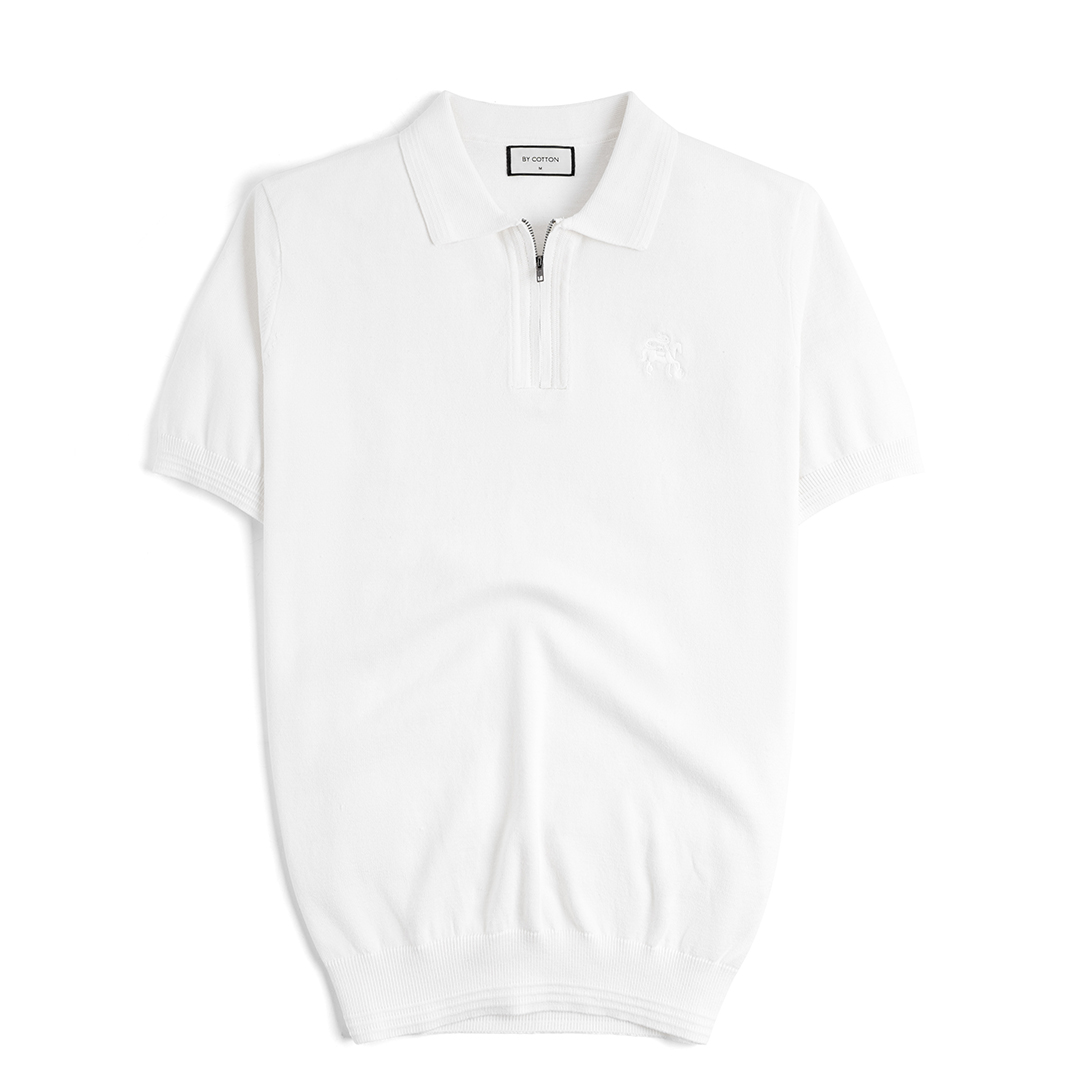 Áo Polo Dệt Kim Cổ Khóa Zip Thêu Logo Đồng Màu