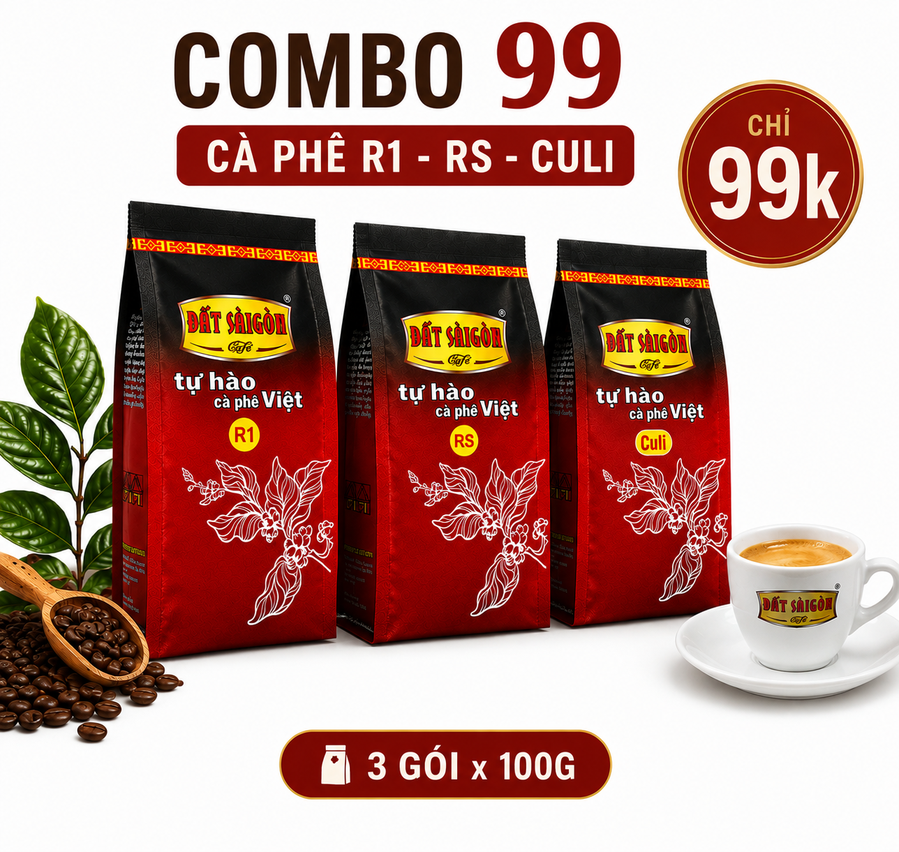 Combo 99k Cà Phê R1 RS Culi – 300g Cà Phê Pha Phin Đậm Đà, Thơm Ngon | Đất Sài Gòn Cafe