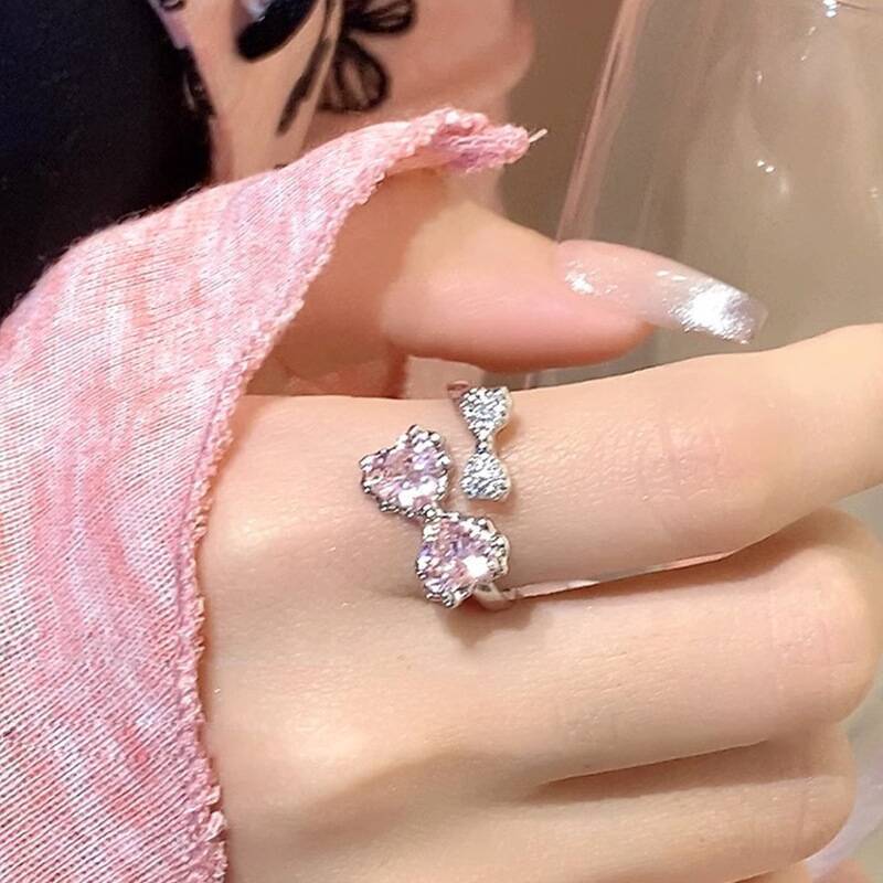 Nhẫn hở màu hồng đính đá zircon hình nơ dành cho nữ, kiểu dáng mới mùa hè 2023, nhẫn có thể điều chỉnh kích cỡ, sang trọng tinh tế, phong cách độc đáo, nhẫn đeo ngón trỏ