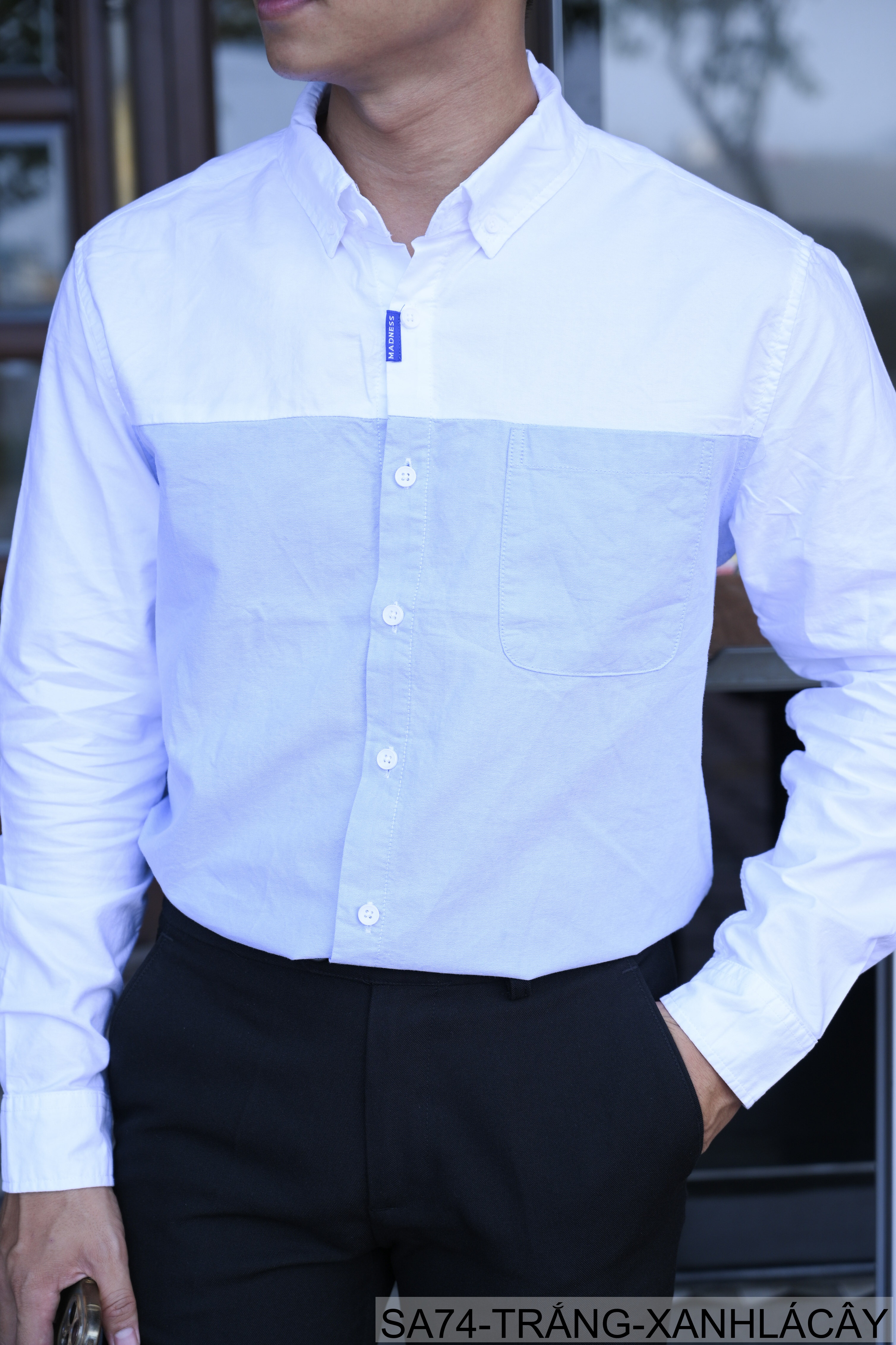 SA74 - Áo sơ mi nam dài tay Oxford kiểu Nhật, form rộng, chất cotton 100%, phối màu trắng xanh lá/xám_thumbnail_1