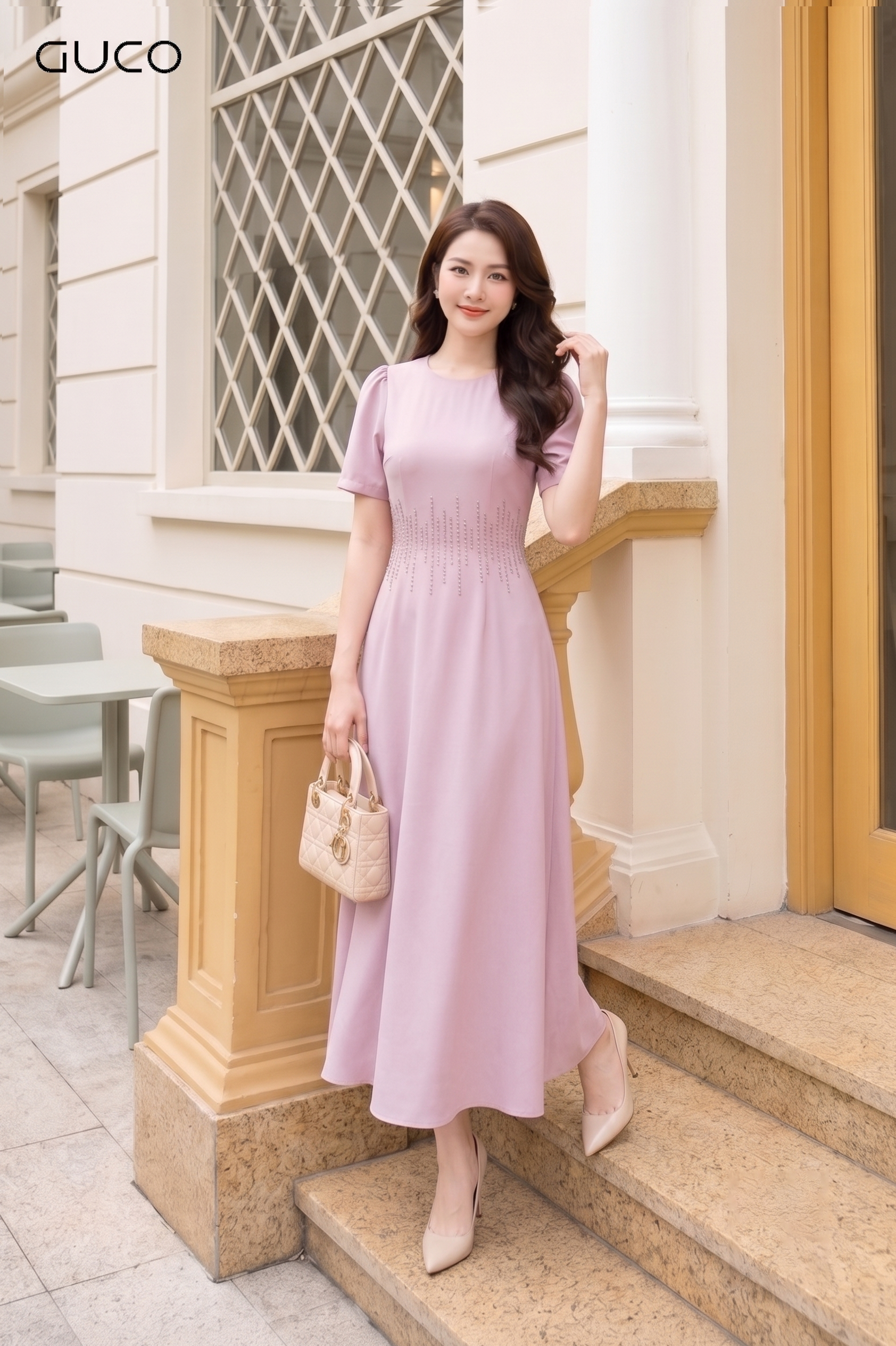 Đầm Xòe Hồng Nude Đính Đá Eo_thumbnail_2
