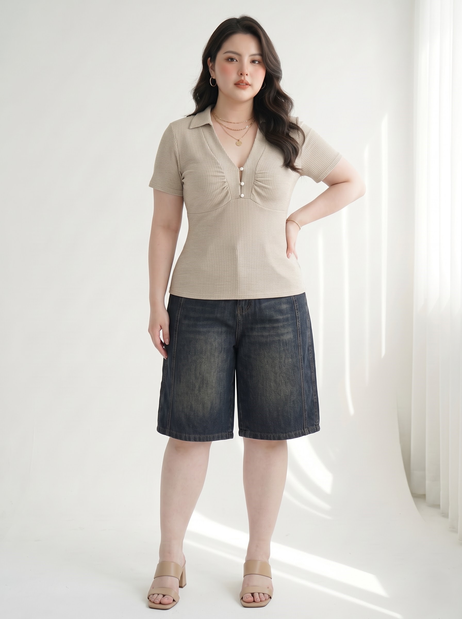 Áo Thun Gân Cổ V Nhún Ngực Bigsize Tôn Dáng - Be - Vừa 55-90kg - AK113_thumbnail_1