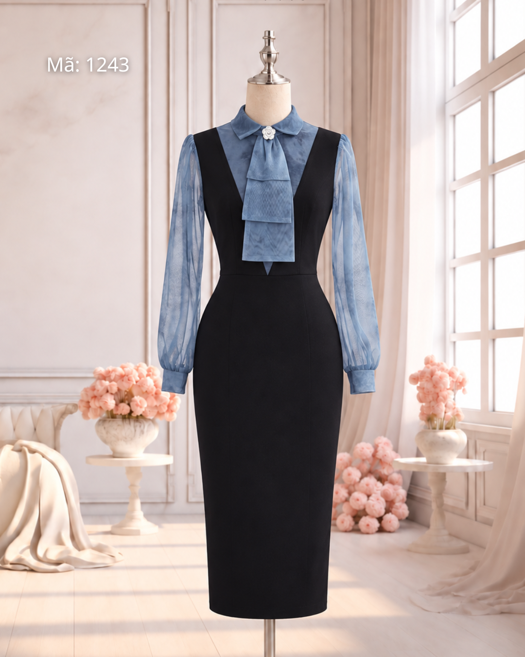 Đầm Bút Chì Cổ Đức Phối Lưới Loang