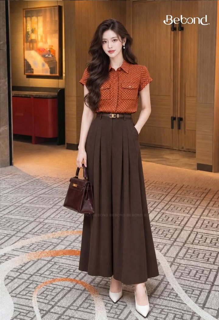 Set áo sơ mi bèo quần xuông rộng SHELLEY màu NÂU CAM