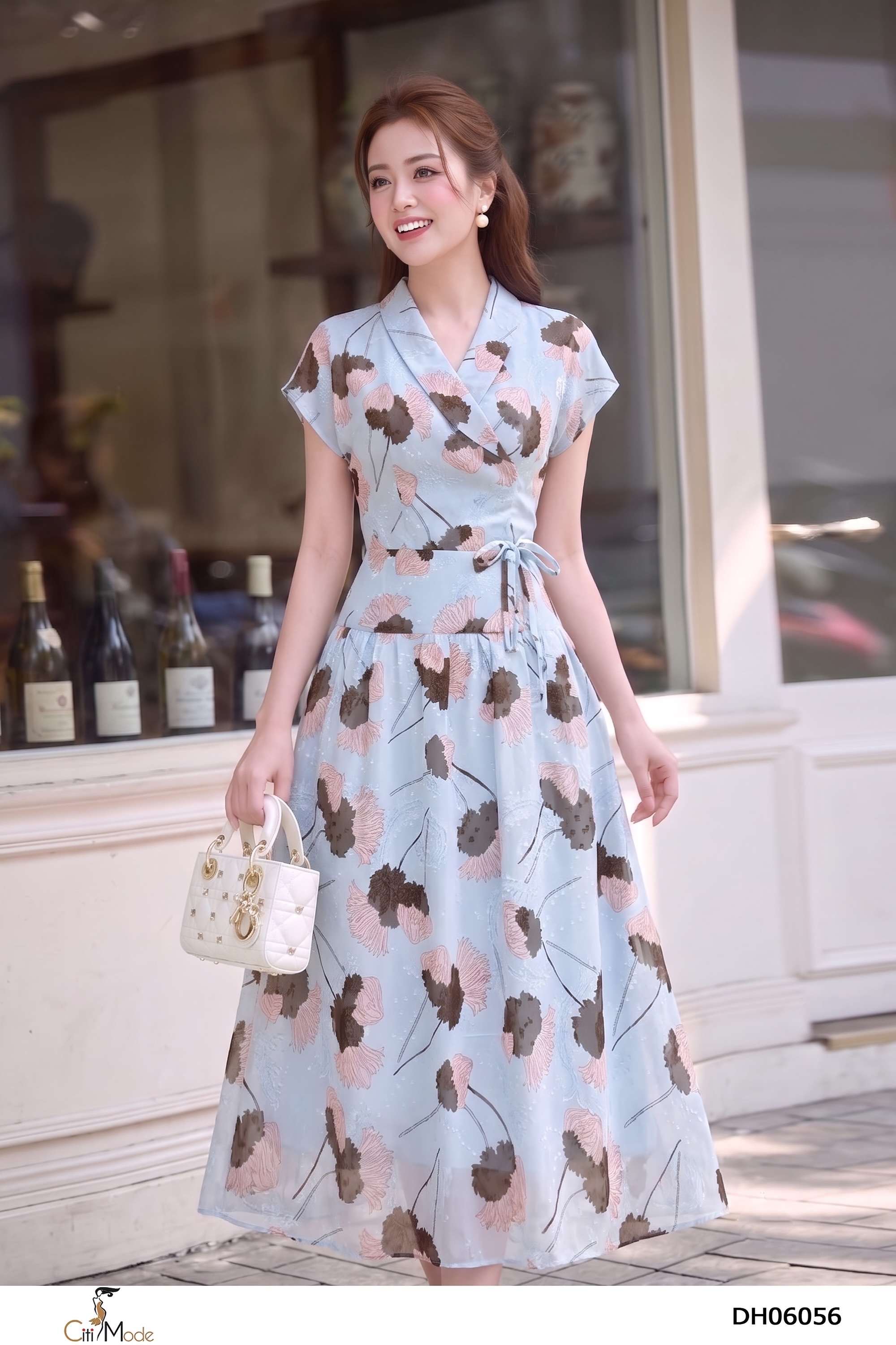 Đầm xòe hoa xanh nổi  cổ san lệch  vai chờm_thumbnail_4