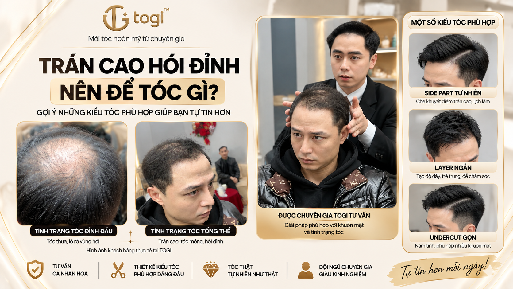 Trán cao hói đỉnh nên để tóc gì? Ngọc Vũ phân tích một case thực tế