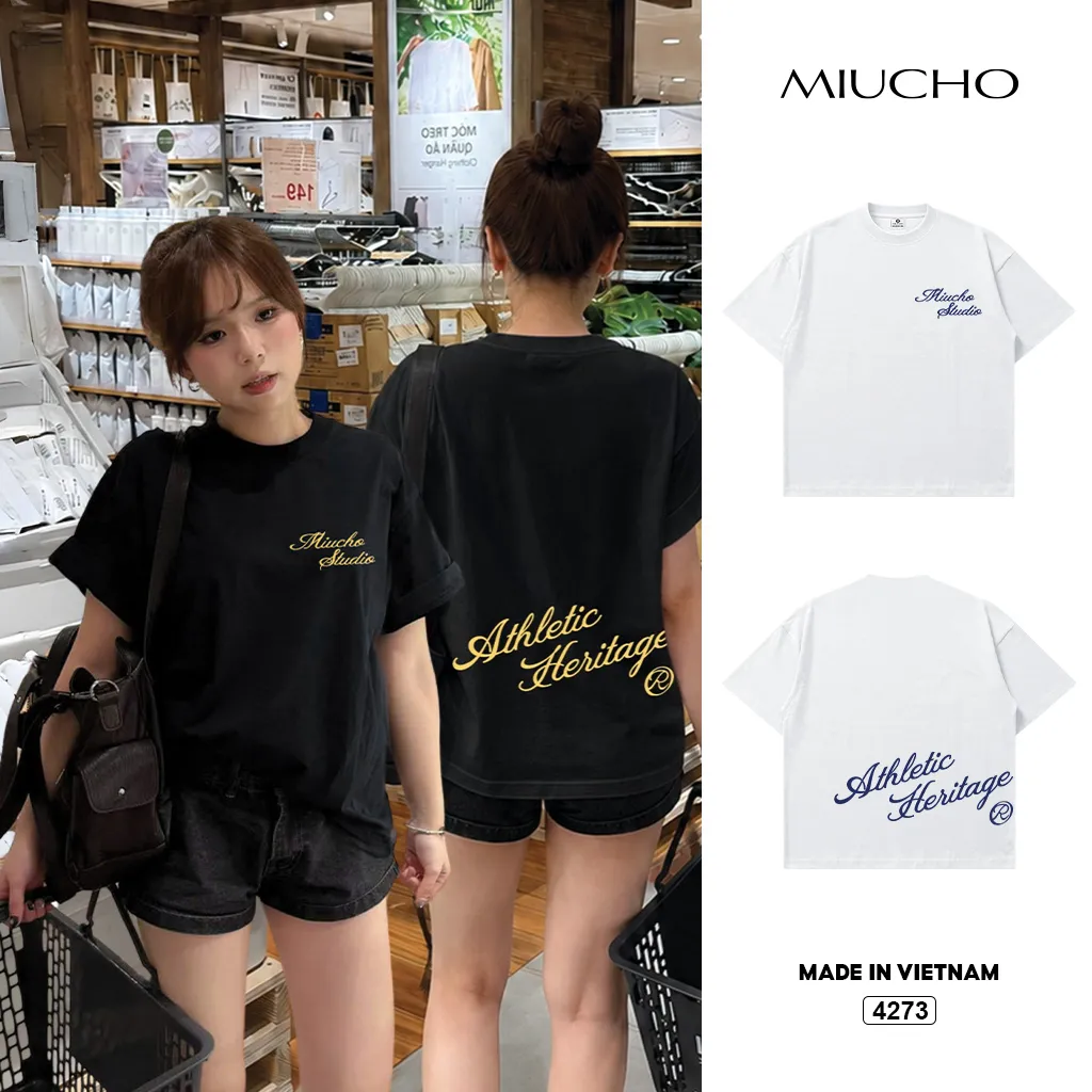 Áo thun form boxy in chữ nghệ thuật Miucho 4273