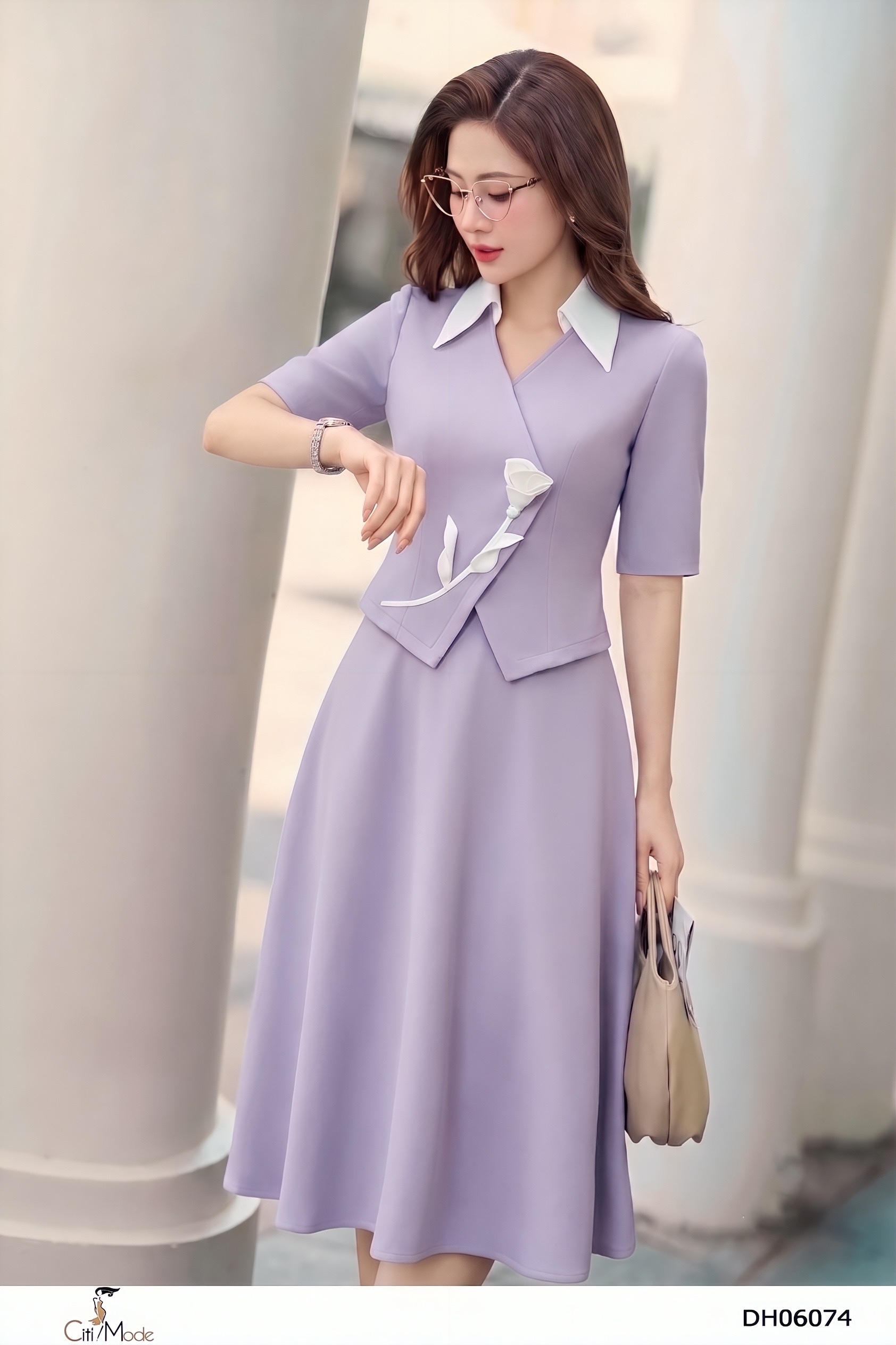 Đầm xòe tím giả sét cổ V đức đính hoa eo, tay lỡ_thumbnail_3