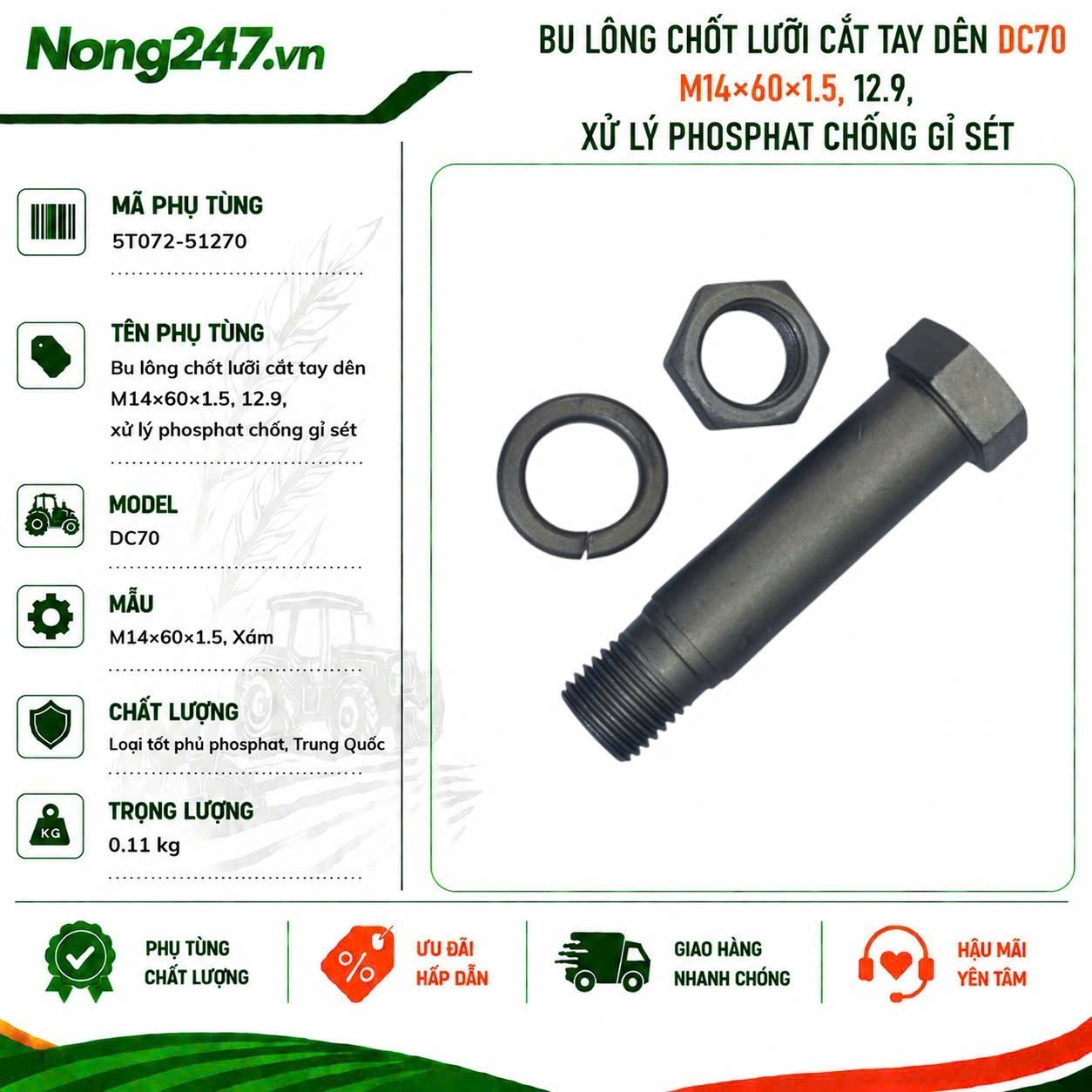 Bu lông chốt lưỡi cắt tay dên M14×60×1.5, 12.9, xử lý phosphat chống gỉ sét